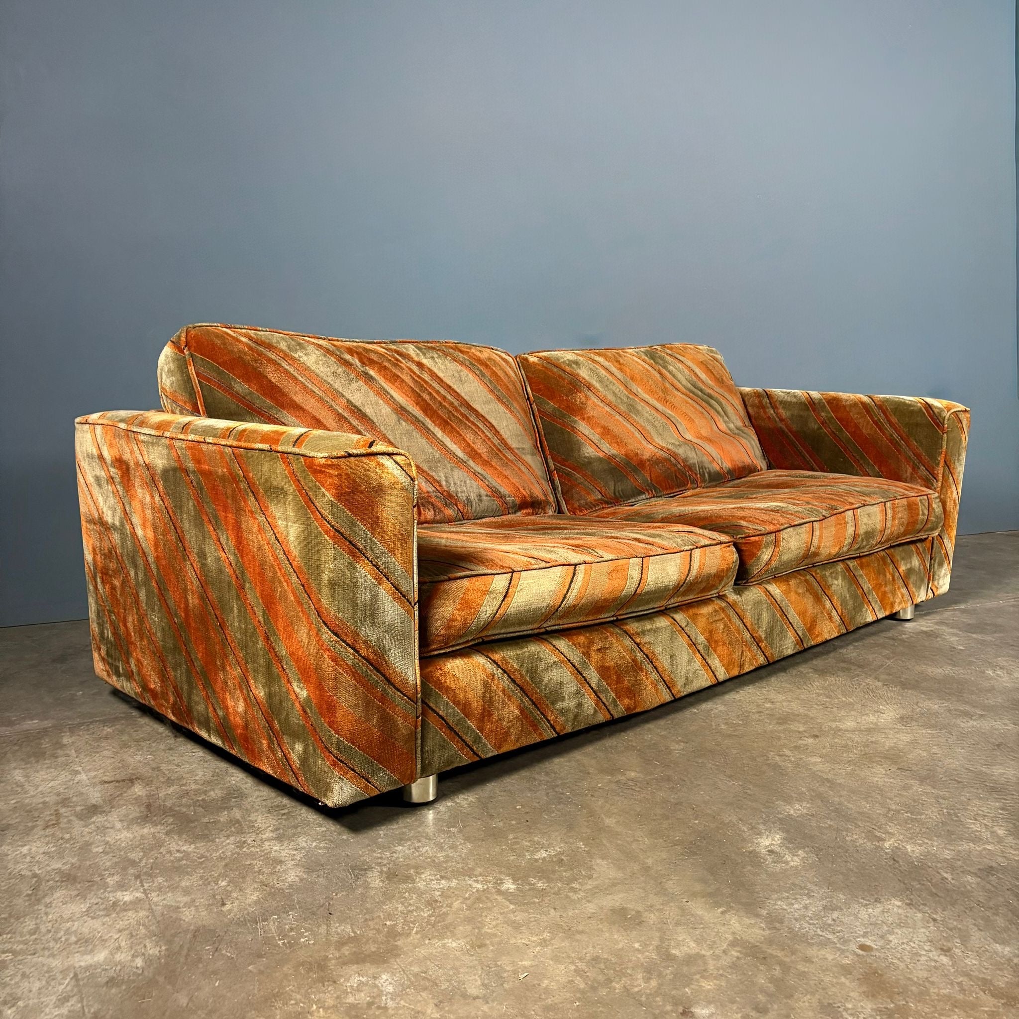 Mid Century Everest Orange Striped Geometric Lounge Suite - Three Seater Sofa, Armchairs & Coffee Tables Vintage Retro MCM