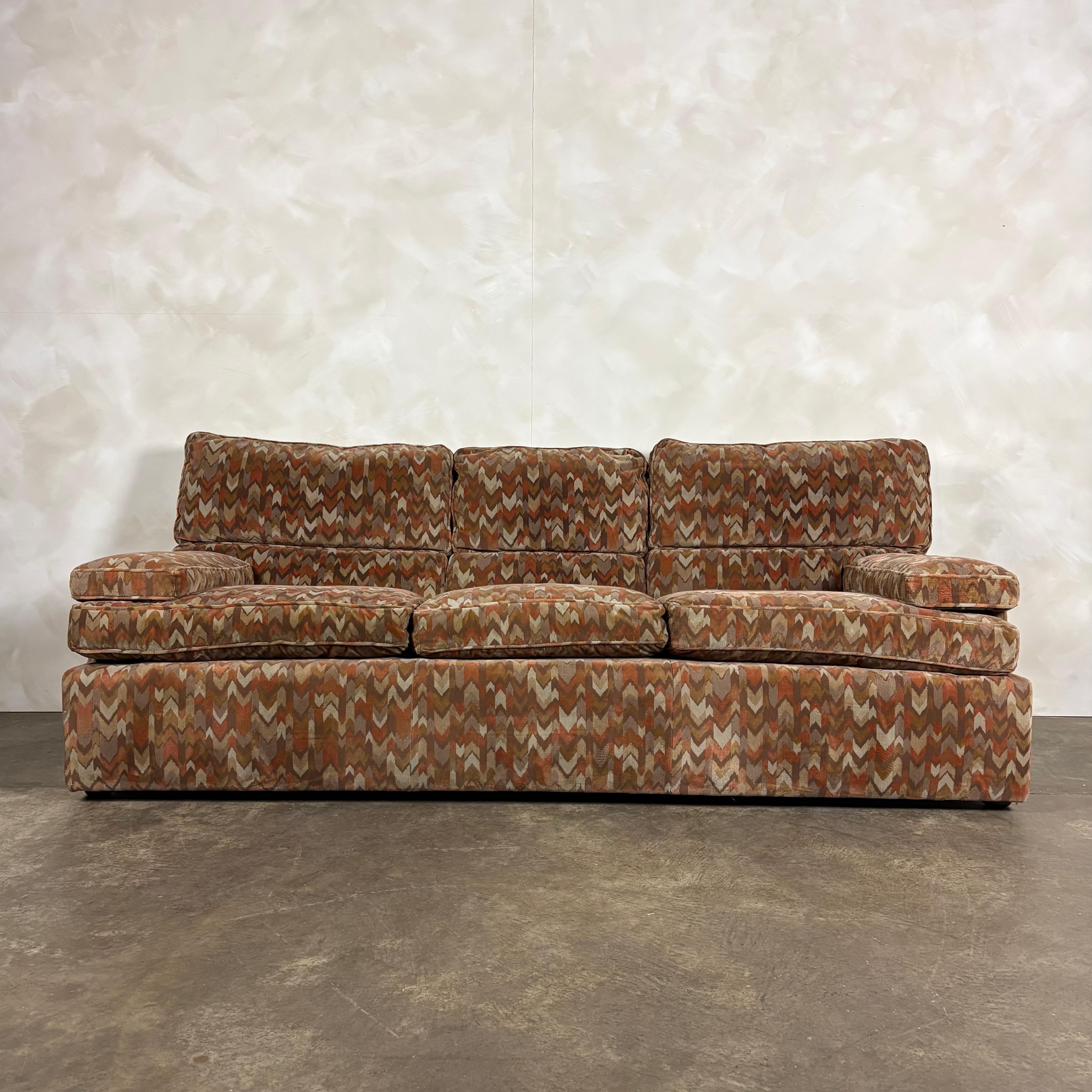 1980s Three Seater Geometric Patterned Sofa & Footstool Post Modern Mid Century Vintage Retro MCM