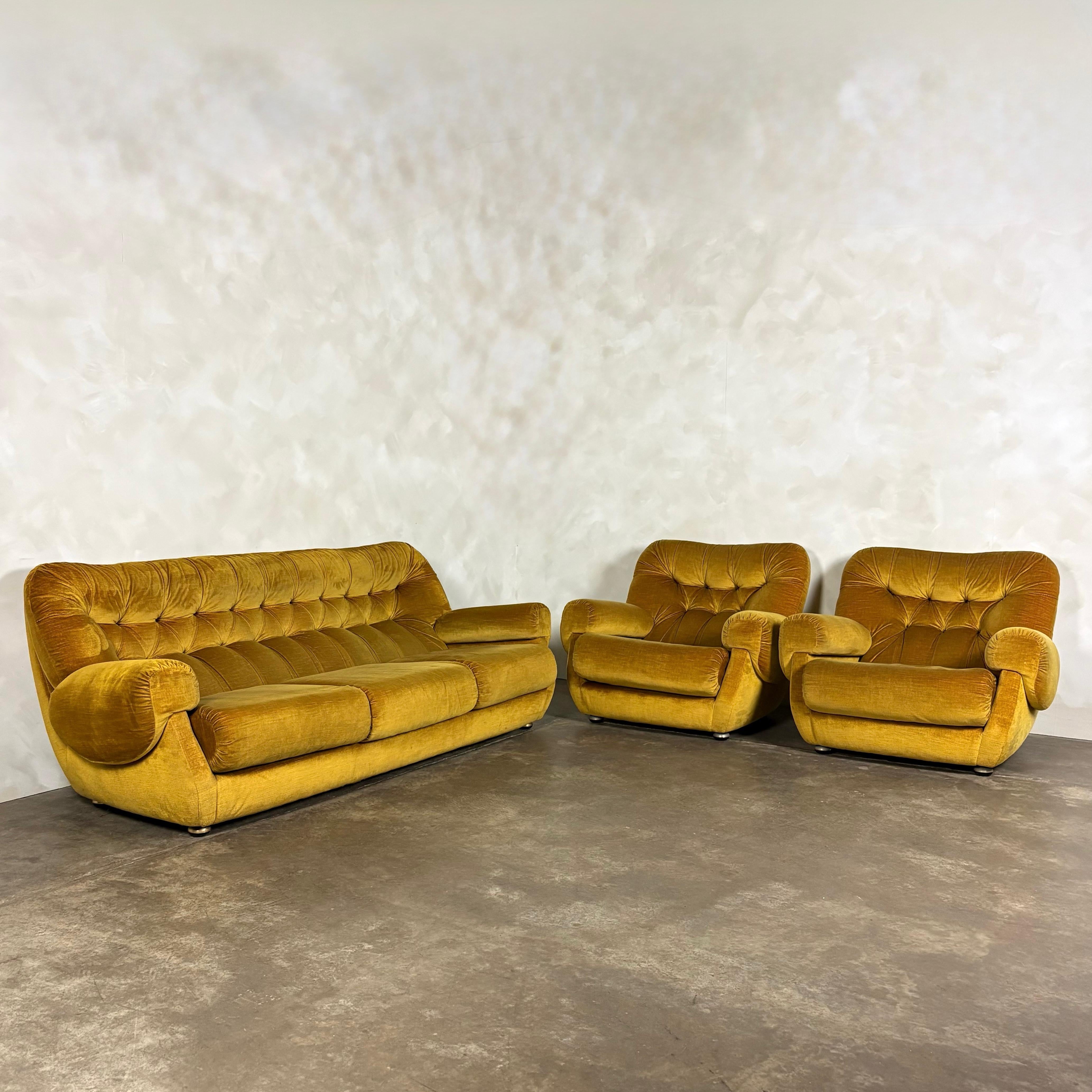 SOLD Mid Century G Plan Georgina Yellow Three Seater Sofa & Matching Pair Of Armchairs Yellow Velvet Vintage Retro MCM