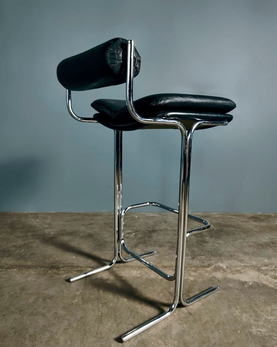 SOLD Mid Century Tim Bates For Pieff Eleganza Bar Stools In Black Leather Vintage Retro MCM