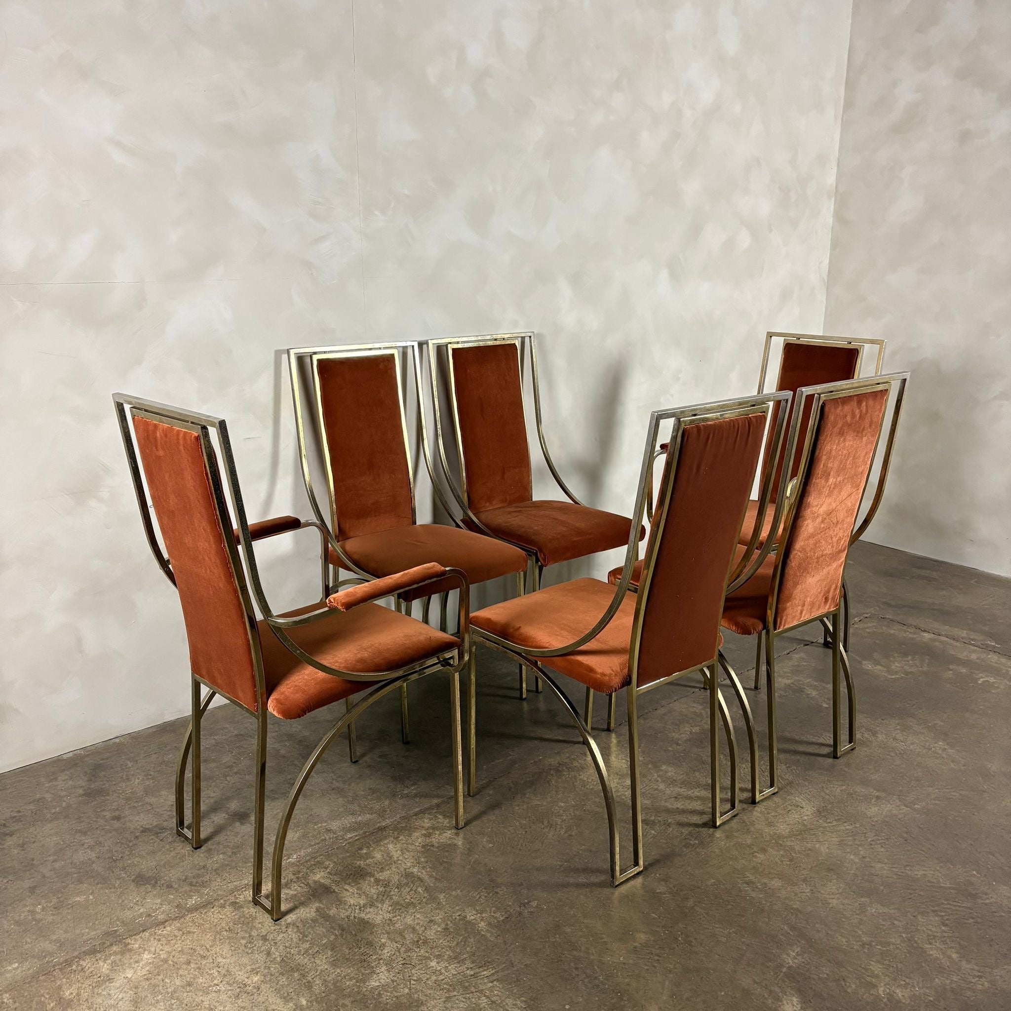 Six Italian Renato Zevi Orange Brass Dining Chairs 1970s Mid Century Vintage Retro MCM