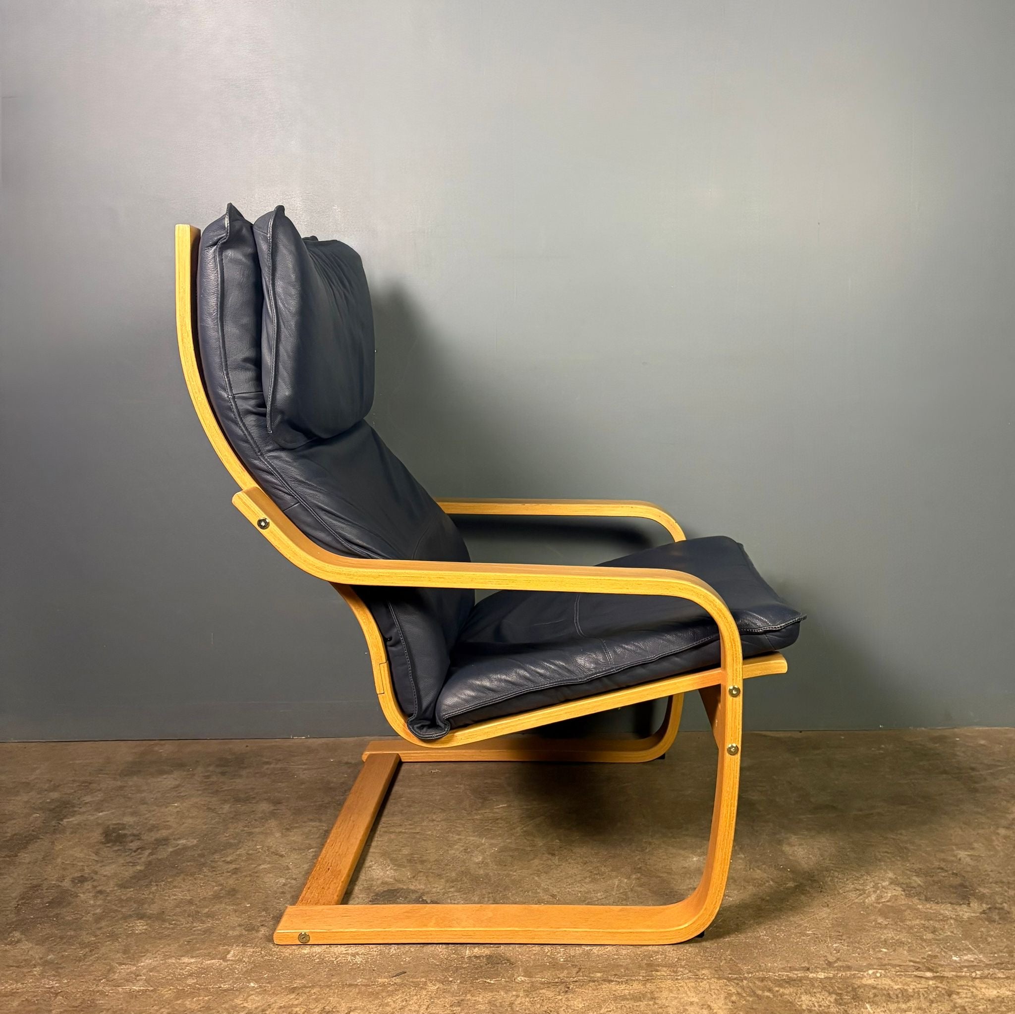 Pair Of Vintage Ikea Poäng Poem Armchairs Navy Blue Leather Mid Century Retro MCM