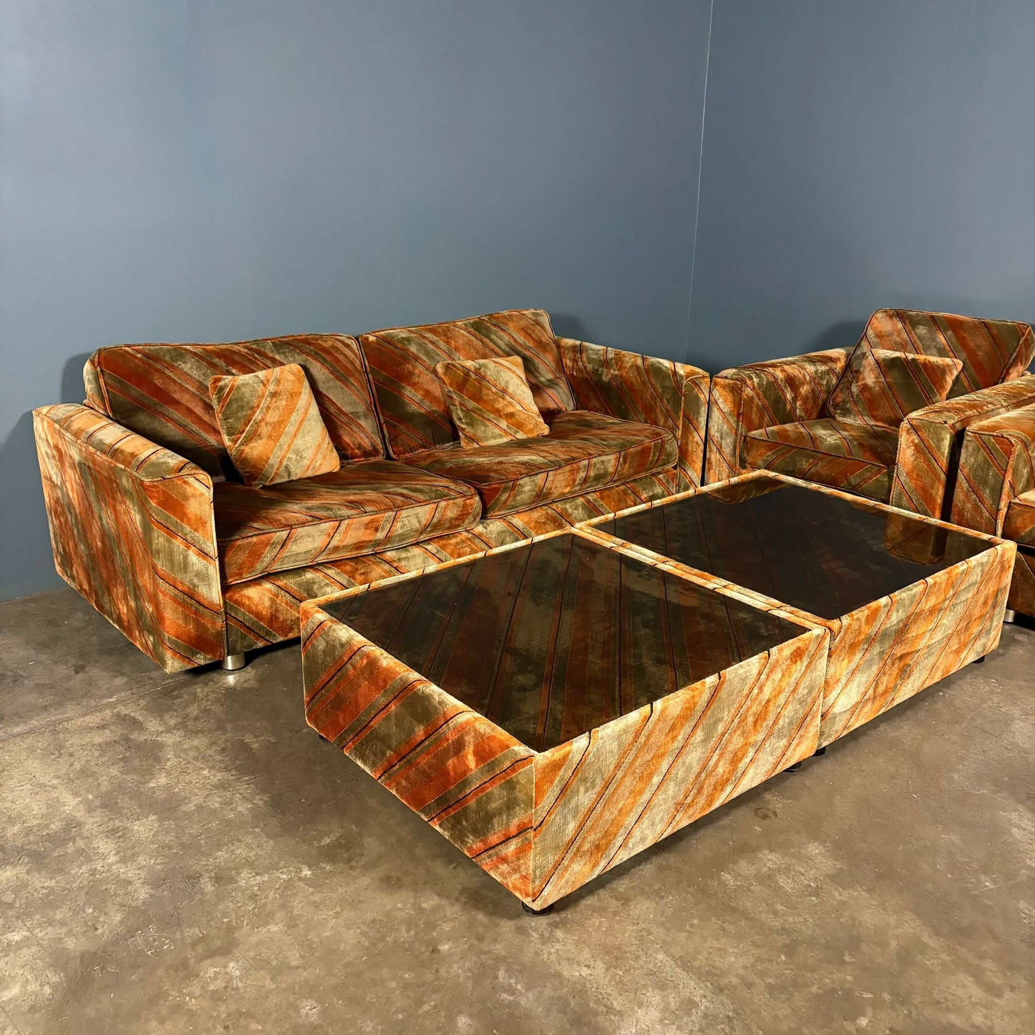 Mid Century Everest Orange Striped Geometric Lounge Suite - Three Seater Sofa, Armchairs & Coffee Tables Vintage Retro MCM