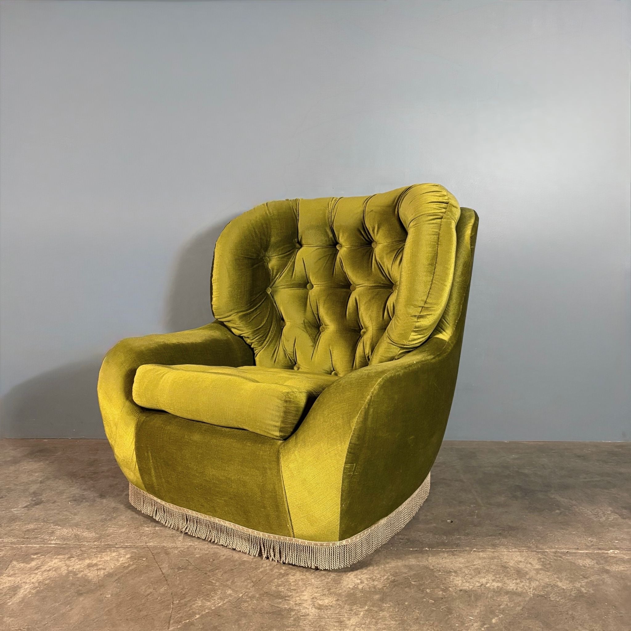 Mid Century Pair Of Armchairs & Footstool Green Velvet Vintage Retro MCM