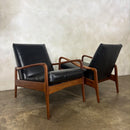 SOLD Pair Of Greaves & Thomas Teak Black Leather Lounge Chairs Mid Century Vintage Retro MCM