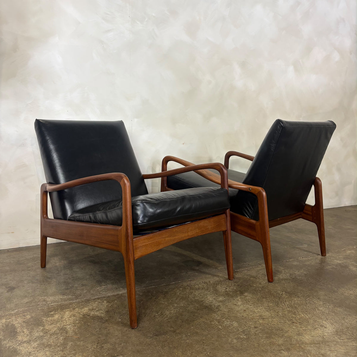 SOLD Pair Of Greaves & Thomas Teak Black Leather Lounge Chairs Mid Century Vintage Retro MCM