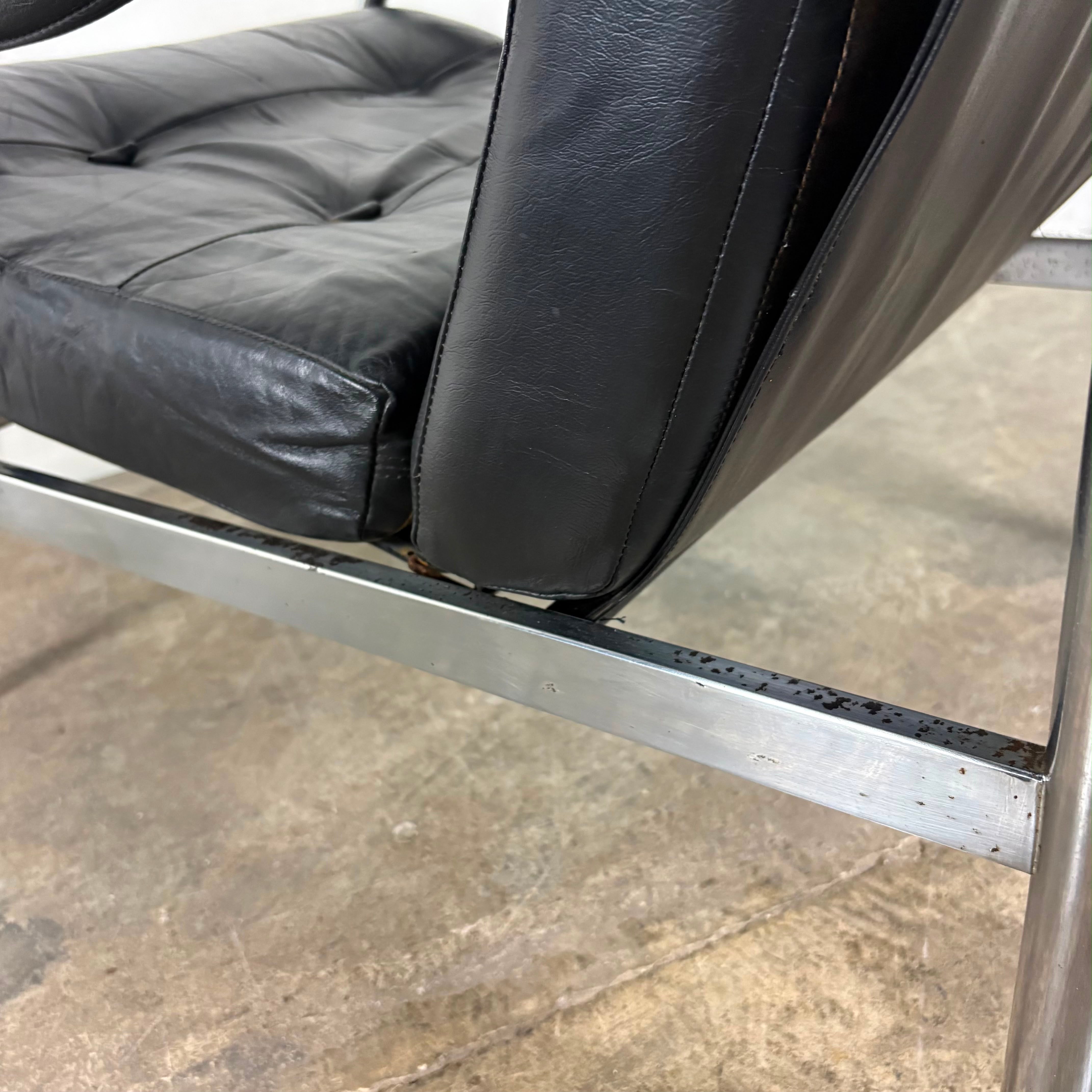 Pair Of Pieff Beta Lounge Chairs In Black Leather Mid Century Vintage Retro MCM