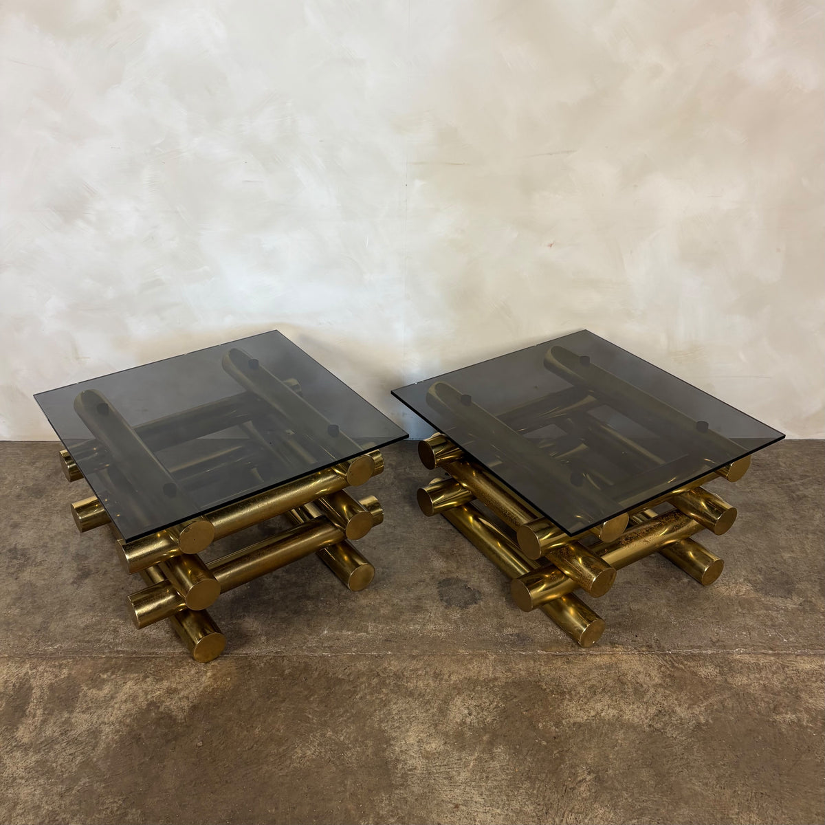 Pair Of Pieff Brass & Smoked Glass Side/Coffee Tables 1970s Mid Century Vintage Retro MCM