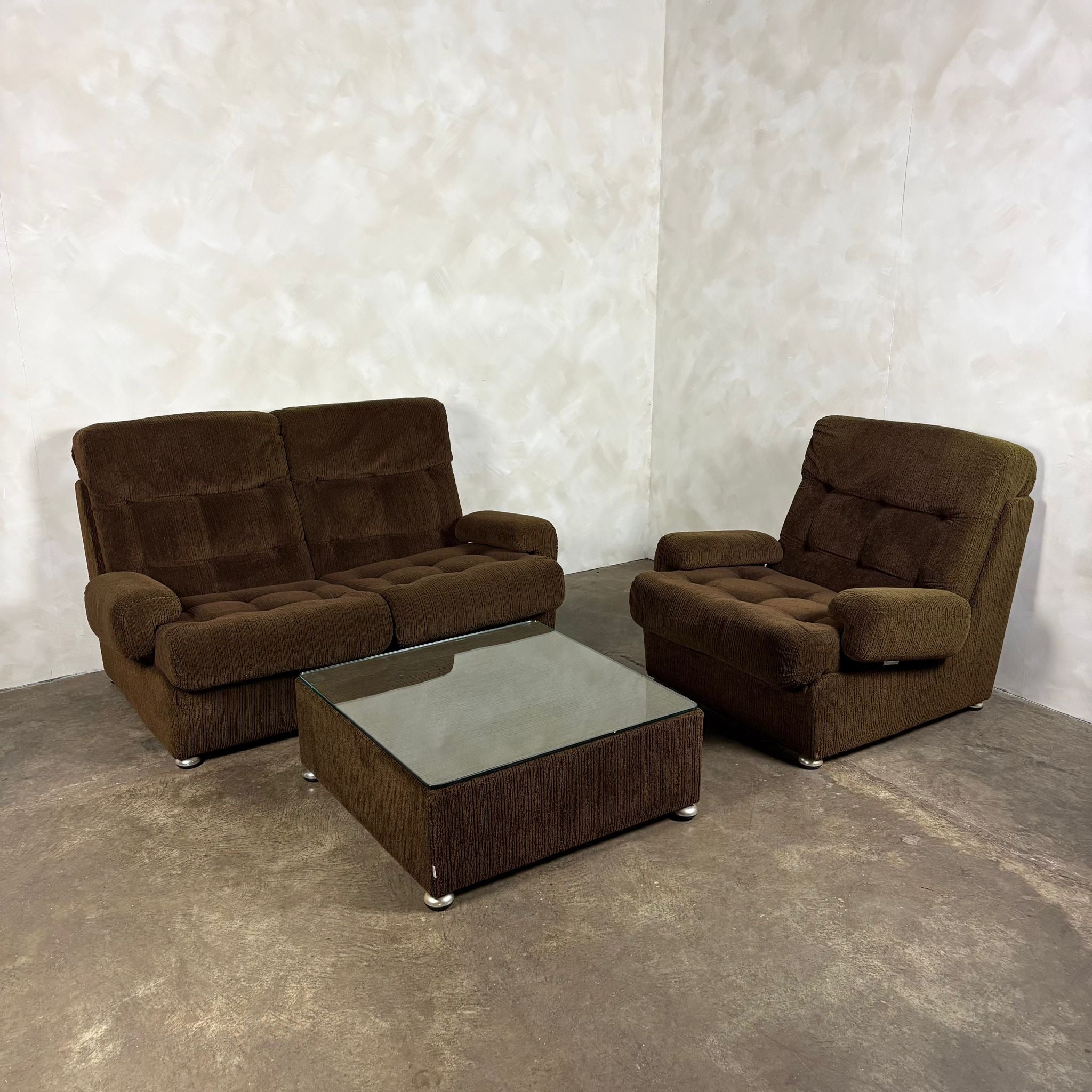 Mid Century Modular Brown Two Seater Sofa & Armchair With Coffee Table Vintage Retro MCM
