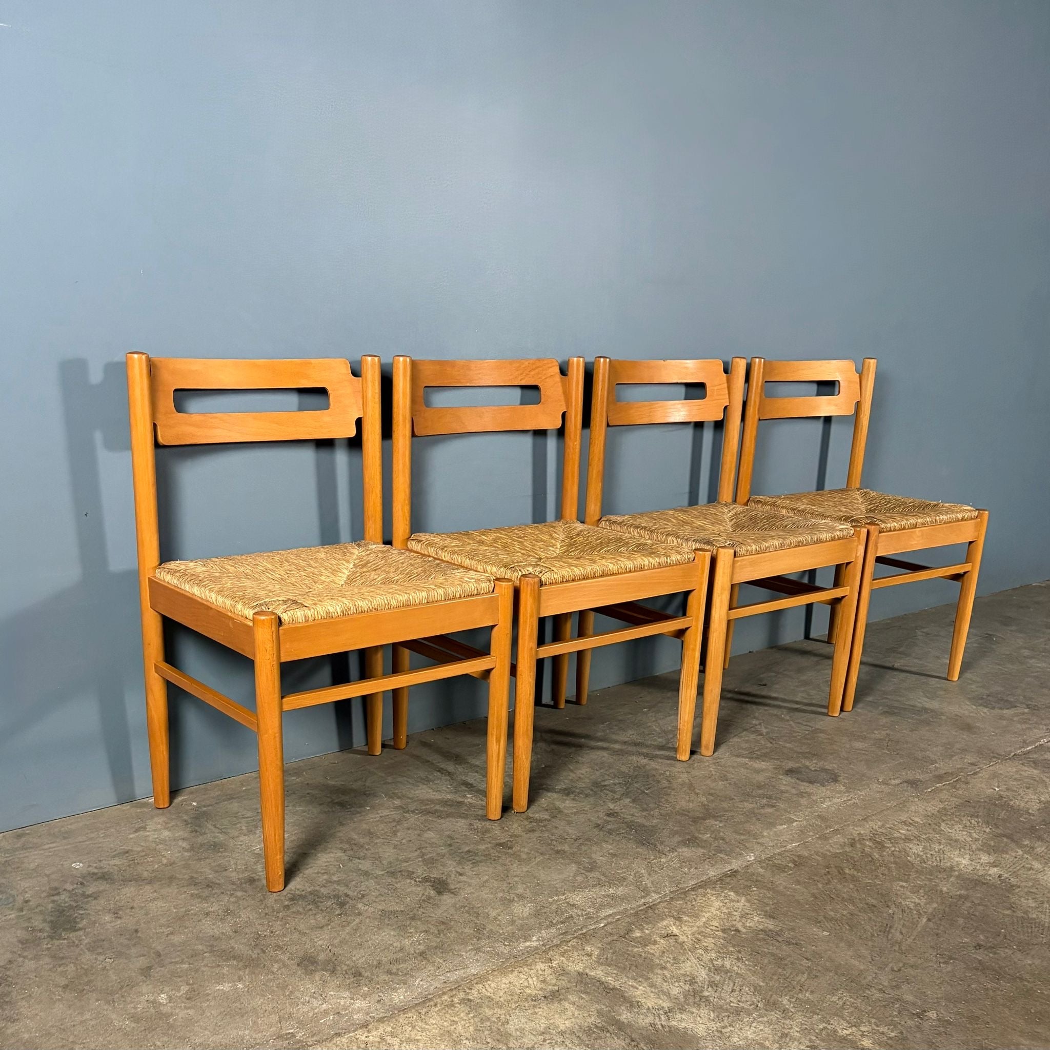 Set Of Four Rush Papercord Seat Dining Chairs Vico Magistretti Carimate Style Mid Century Vintage Retro MCM
