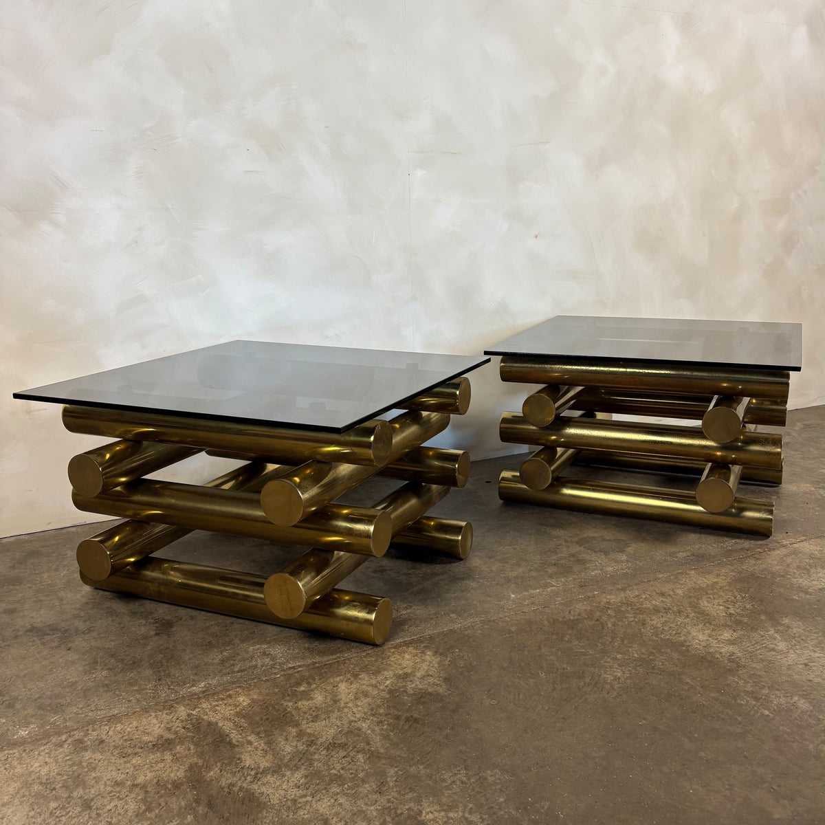 Pair Of Pieff Brass & Smoked Glass Side/Coffee Tables 1970s Mid Century Vintage Retro MCM