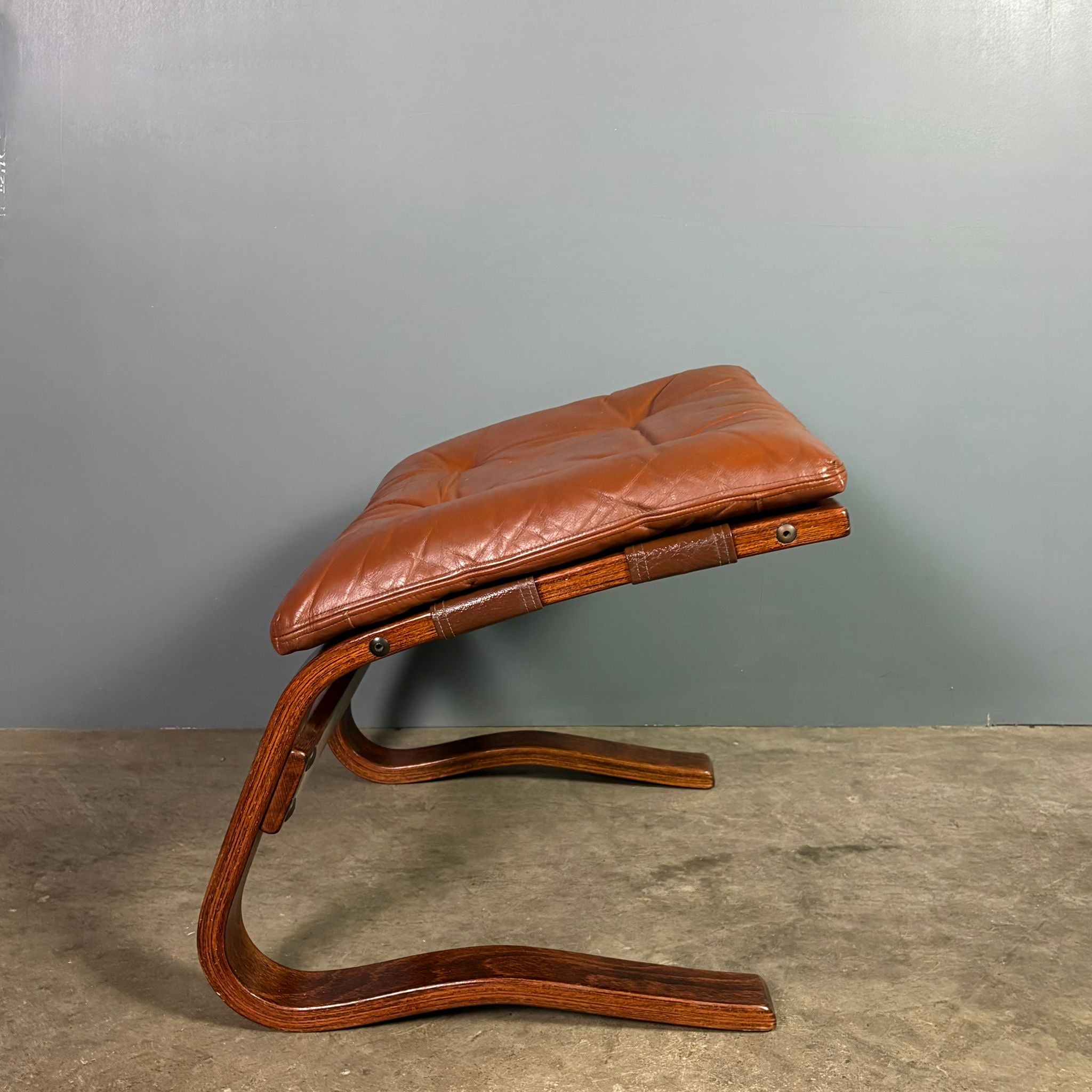 SOLD Vintage Norwegian Bentwood Tan Brown Leather Footstool/Ottoman Mid Century Retro MCM