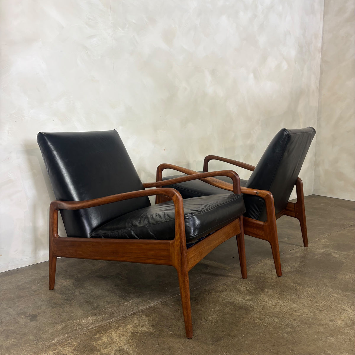 SOLD Pair Of Greaves & Thomas Teak Black Leather Lounge Chairs Mid Century Vintage Retro MCM