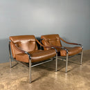 Mid Century Pair Of Pieff Beta Tan Brown Leather Lounge Chairs Vintage Retro MCM