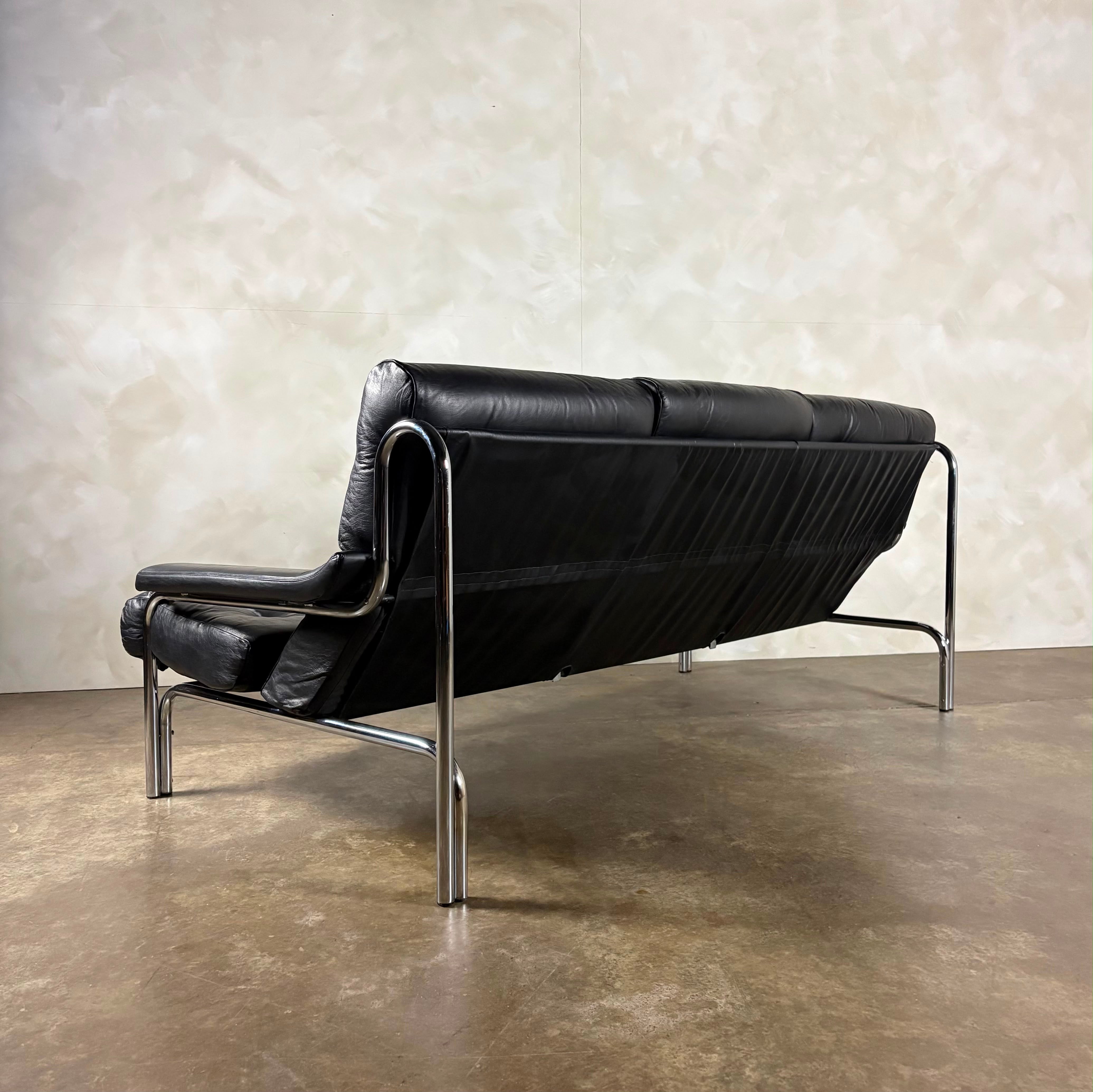 Mid Century Pieff Alpha Black Leather Three Seater Sofa With Matching Lounge Chair Vintage Retro MCM