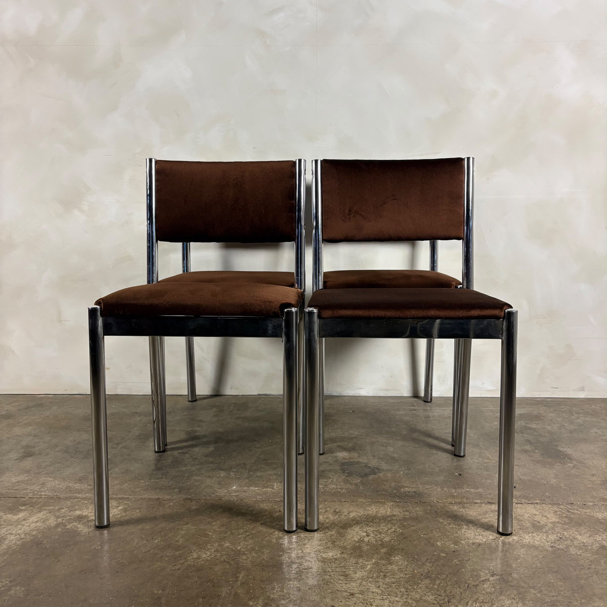 Set Of Four 1970s Chrome Brown Italian Dining Chairs Mid Century Vintage Retro MCM