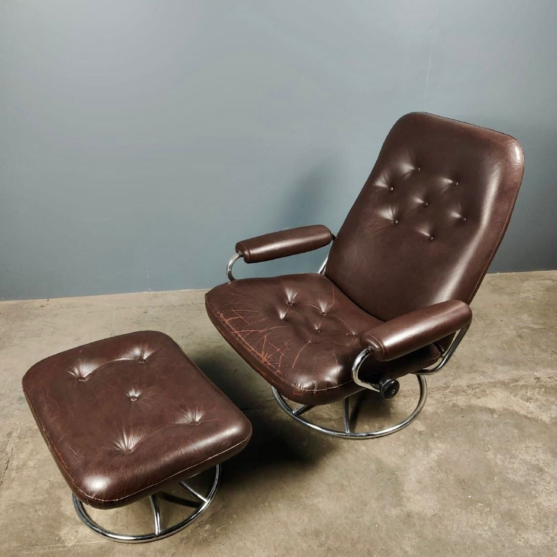 SOLD Mid Century Brown Leather Chrome Ekornes Stressless Armchair & Footstool Vintage Retro MCM