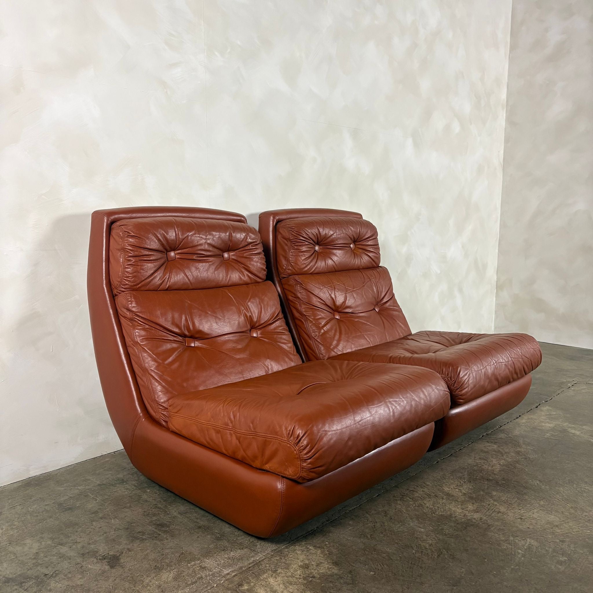 SOLD Pair Of Jean Prévost French 1970s Brown Tan Leather Lounge Chairs Mid Century Vintage Retro MCM