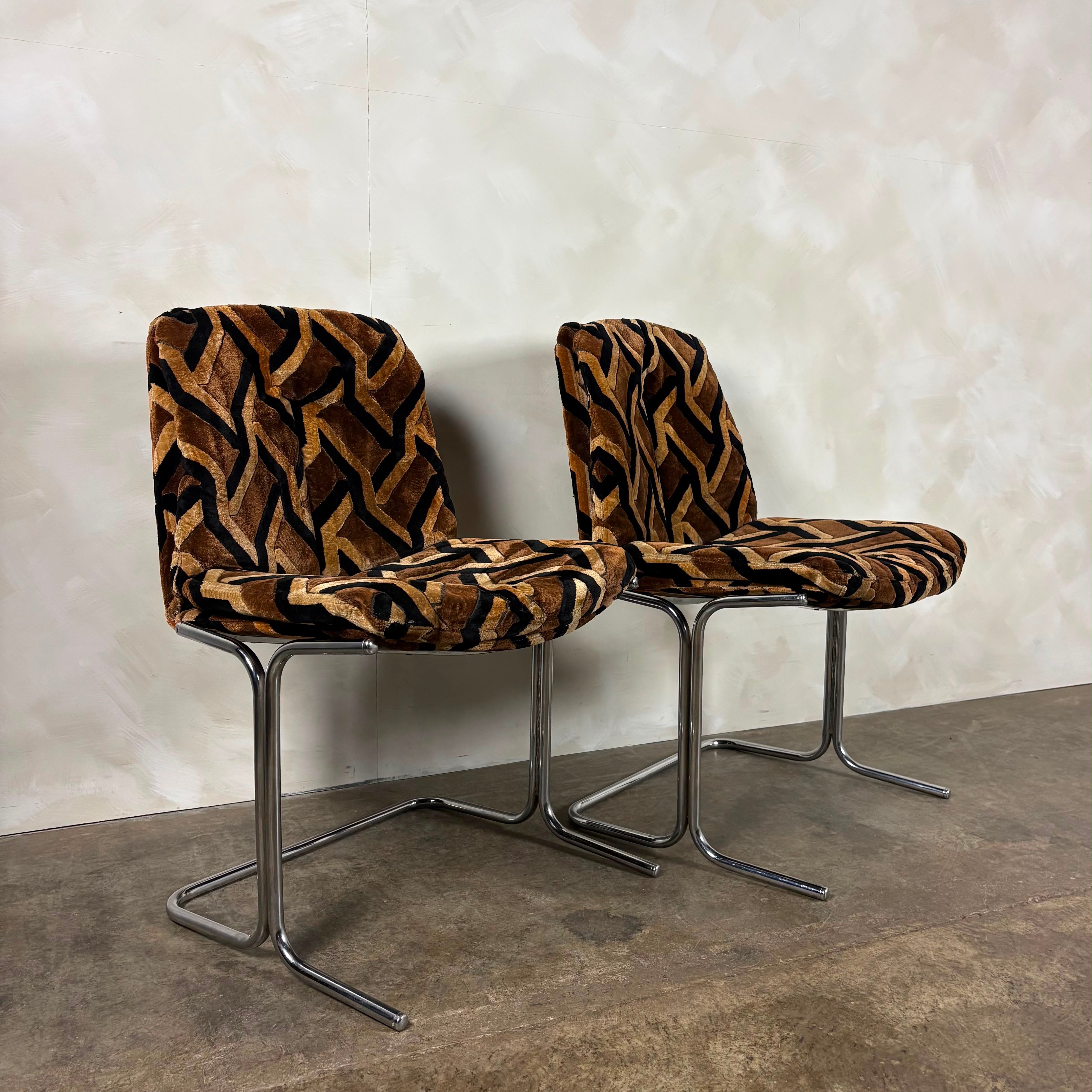 Pair Of Mid Century Pieff Eleganza Chrome Geometric Dining Chairs Vintage Retro MCM