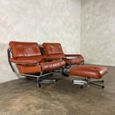 Mid Century Pieff Alpha Tan Brown Leather Three Seater Sofa & Two Swivel Lounge Chairs With Footstool Vintage Retro MCM