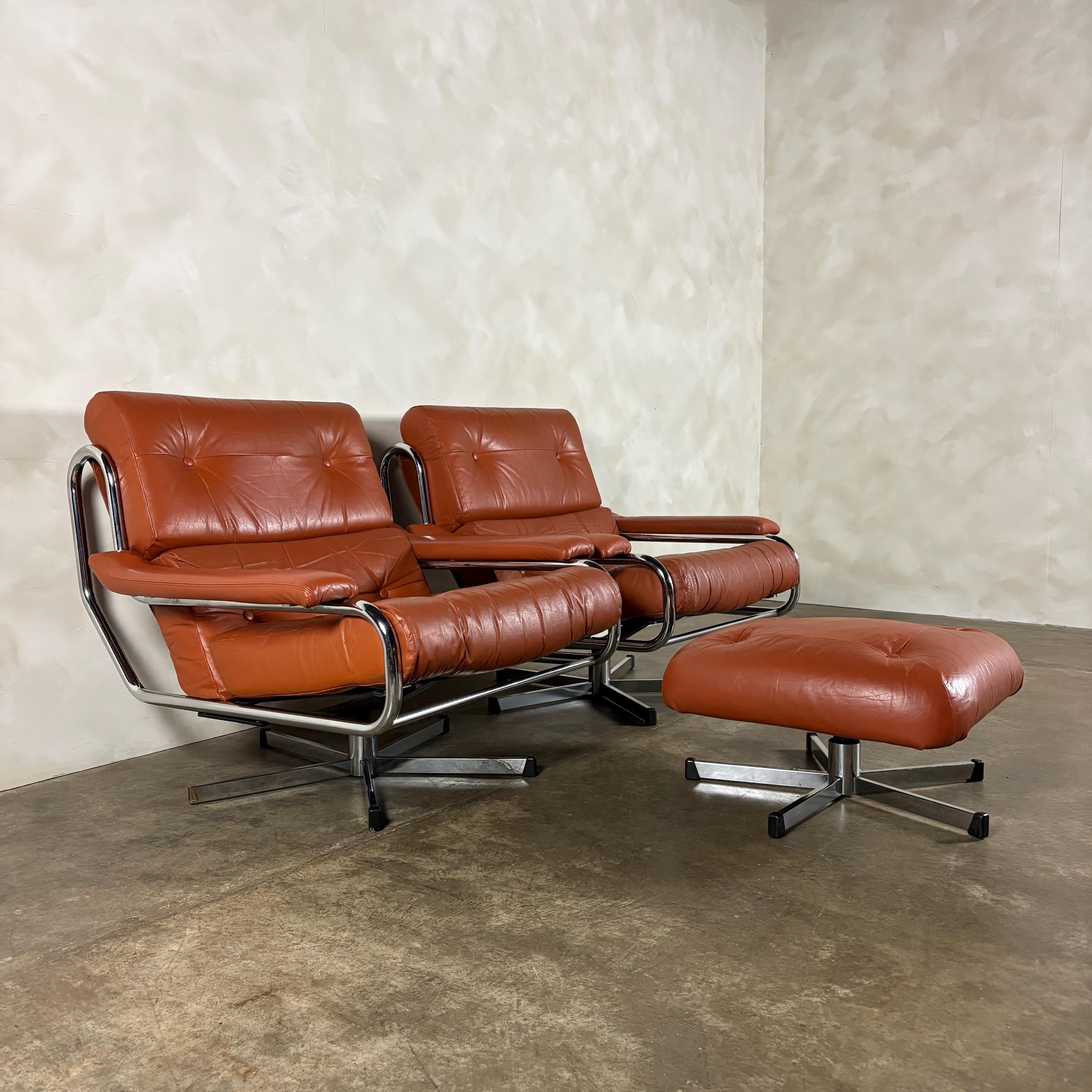 Mid Century Pieff Alpha Tan Brown Leather Three Seater Sofa & Two Swivel Lounge Chairs With Footstool Vintage Retro MCM