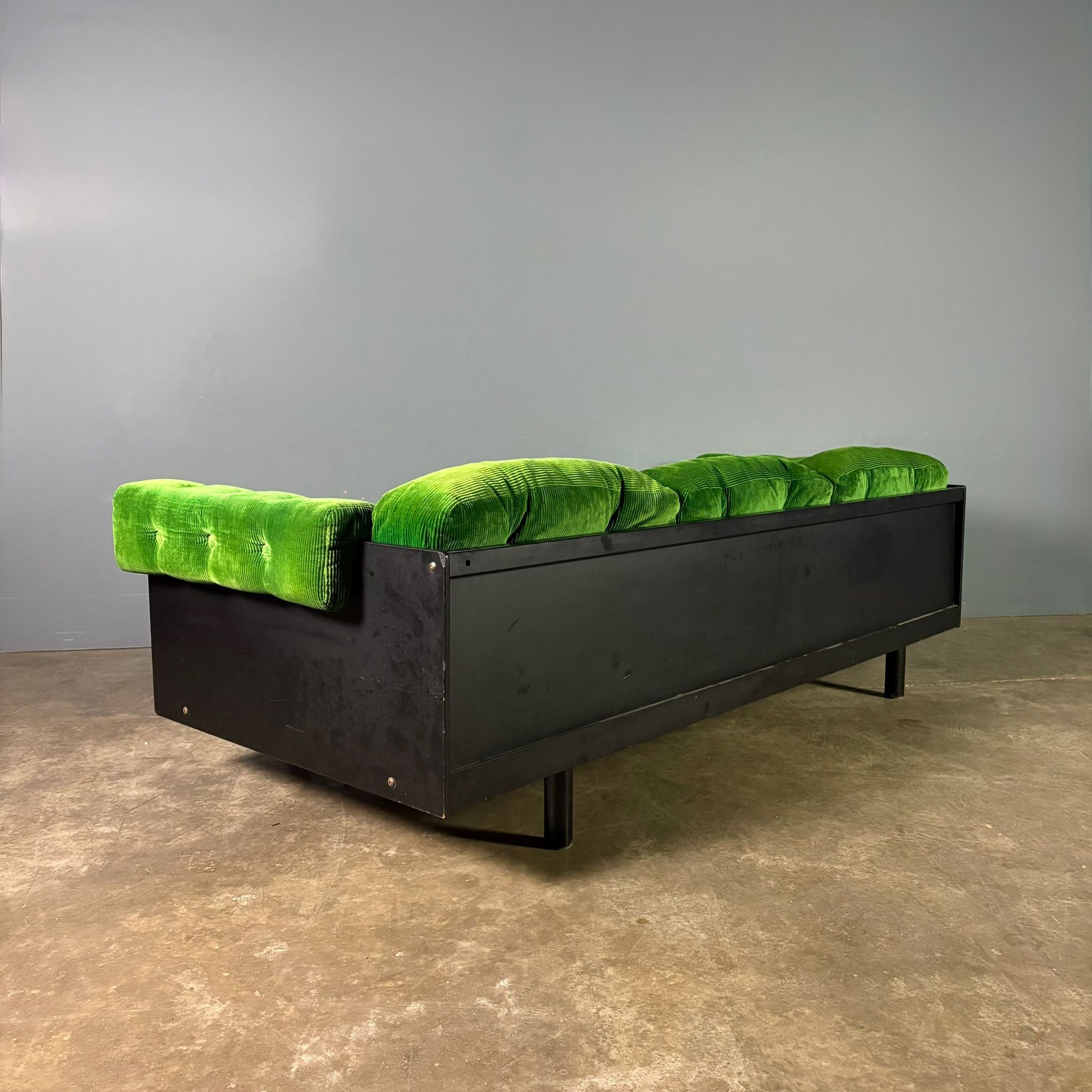 SOLD Mid Century Green Corduroy & Black Three Seater Sofa Vintage Retro MCM