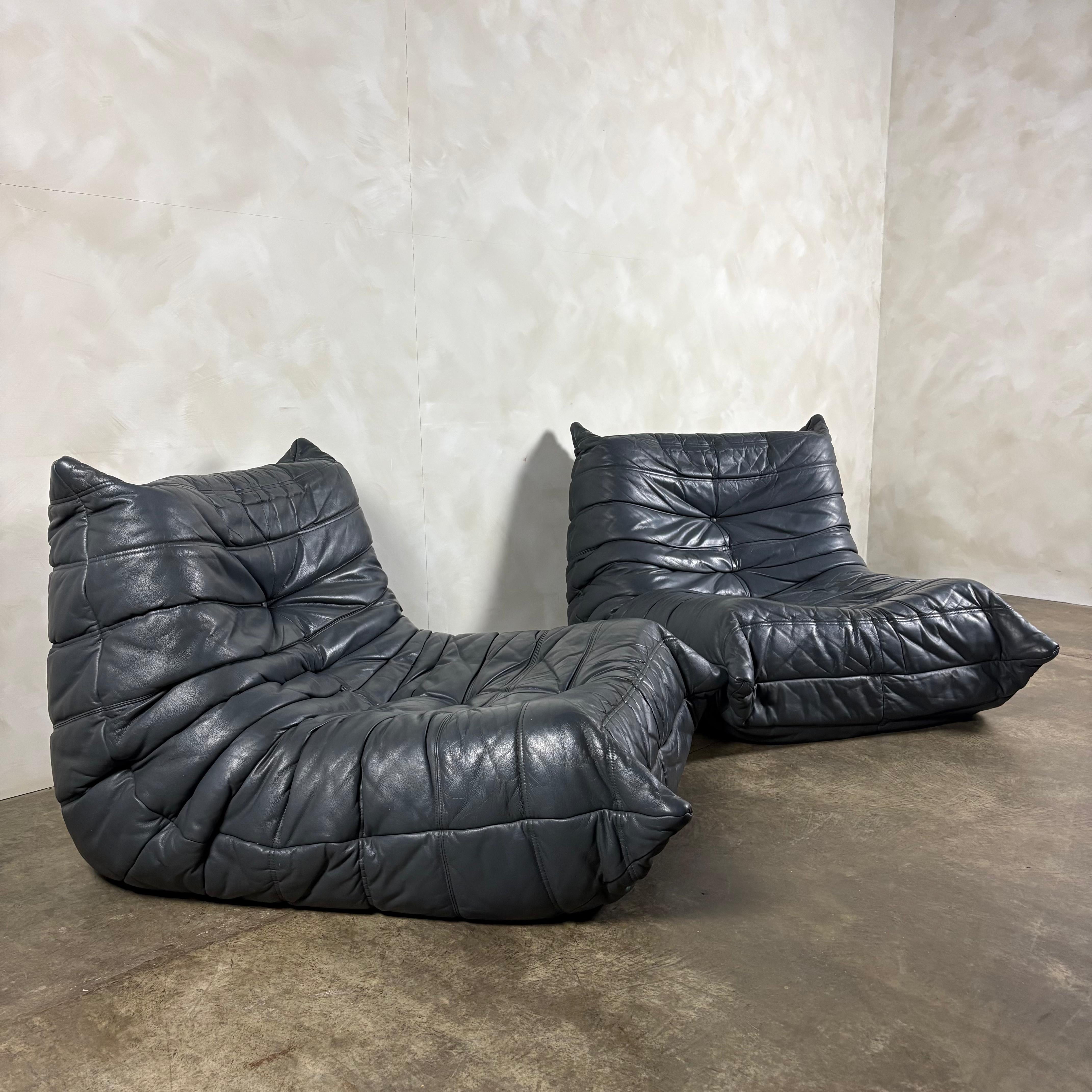 Togo Sofa Set Michel Ducaroy Ligne Roset Grey Leather Mid Century Vintage Retro MCM