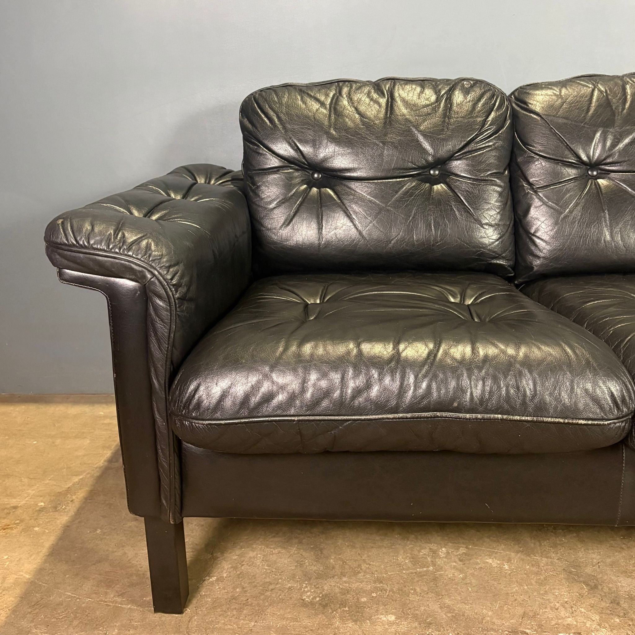 SOLD Black Leather Three Seater Sofa By Esko Pajamies For Asko Mid Century Vintage Retro MCM