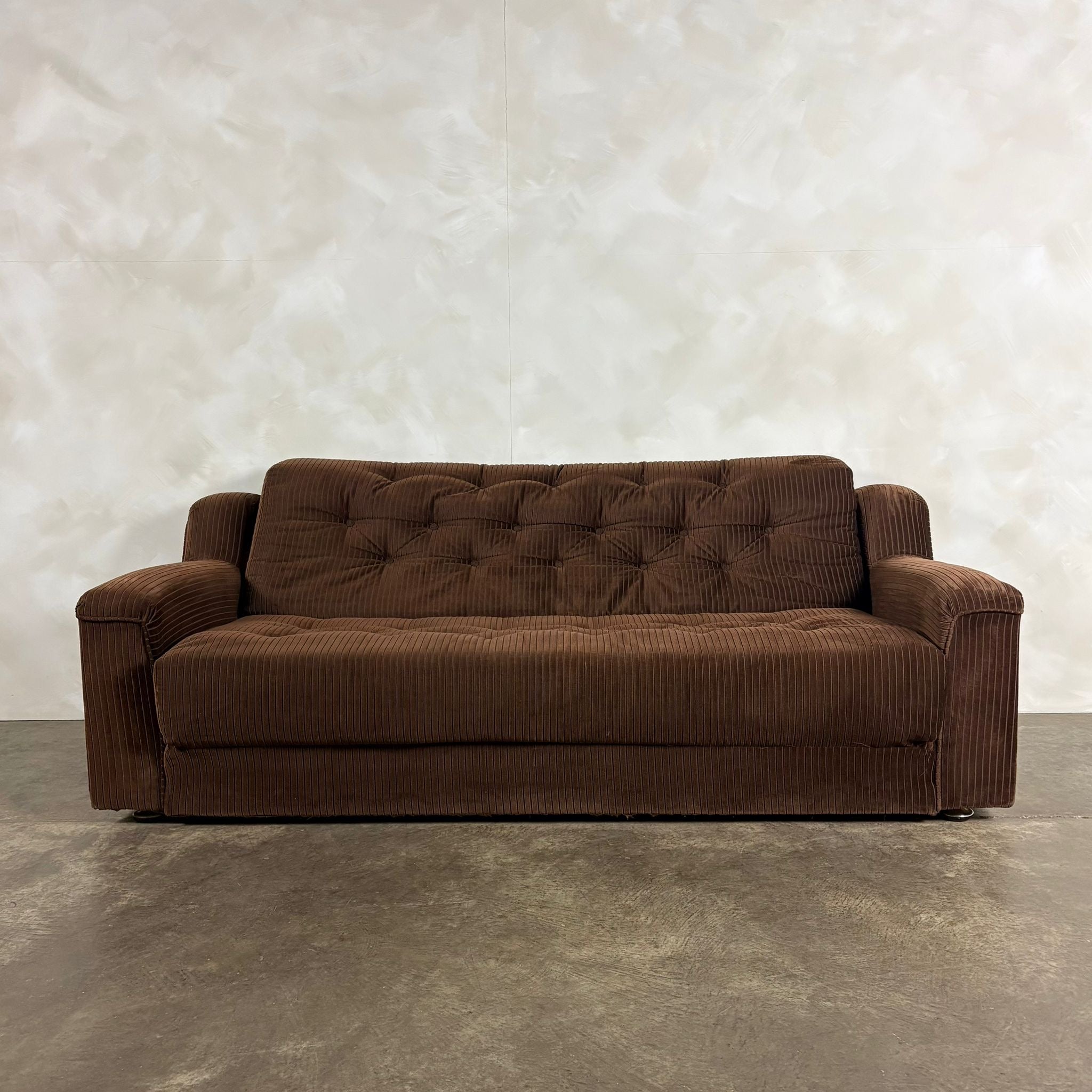 Brown Corduroy Three Seater Sofa Double Bed Mid Century Vintage Retro MCM