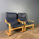 Pair Of Vintage Ikea Poäng Poem Armchairs Navy Blue Leather Mid Century Retro MCM