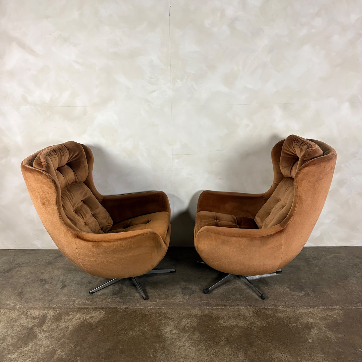 SOLD Pair Of 1970s Vono Swivel Egg Lounge Chairs In Caramel Tan Light Brown Velvet Mid Century Vintage Retro MCM
