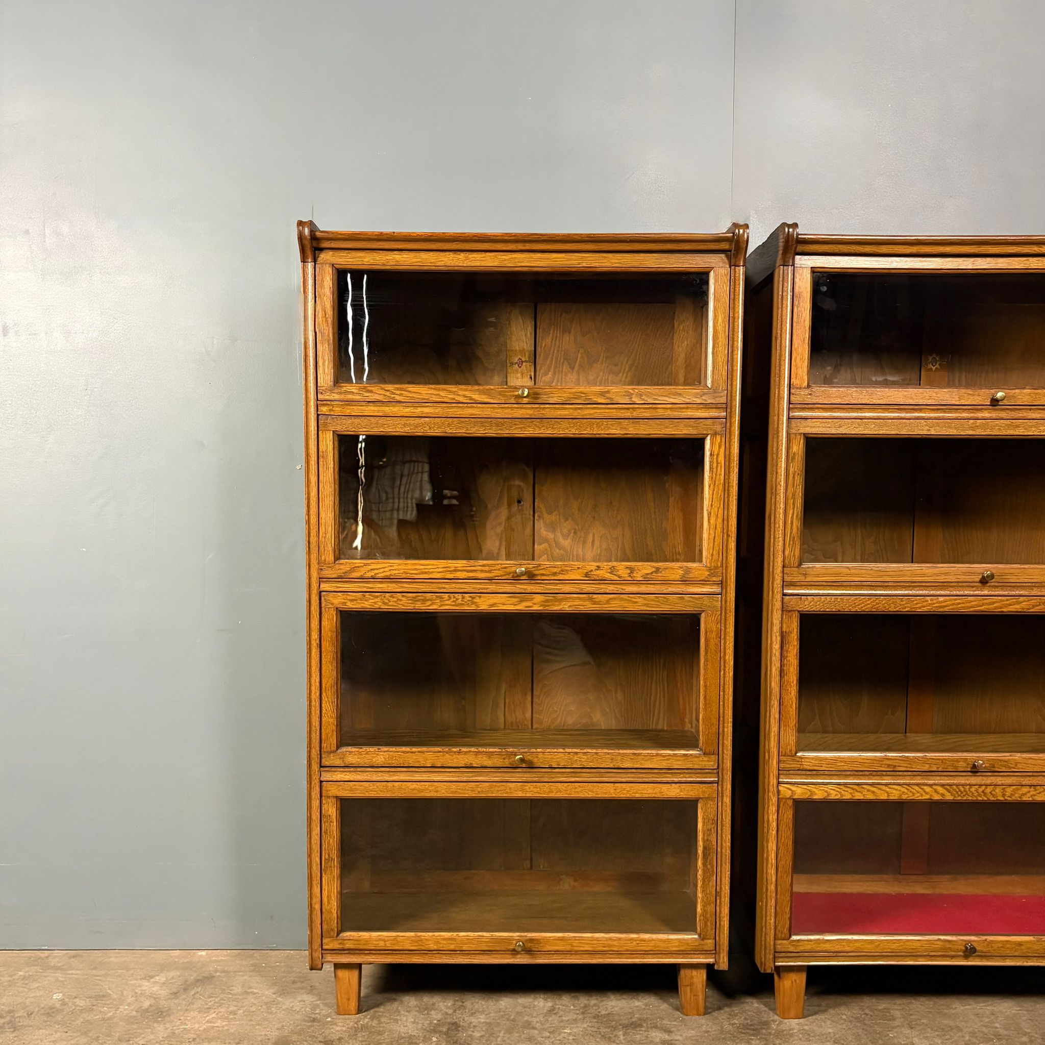 Pair Of English Oak Glass Fronted Tall Cabinets/Bookcases Globe Wernicke Style Mid Century Vintage Retro MCM