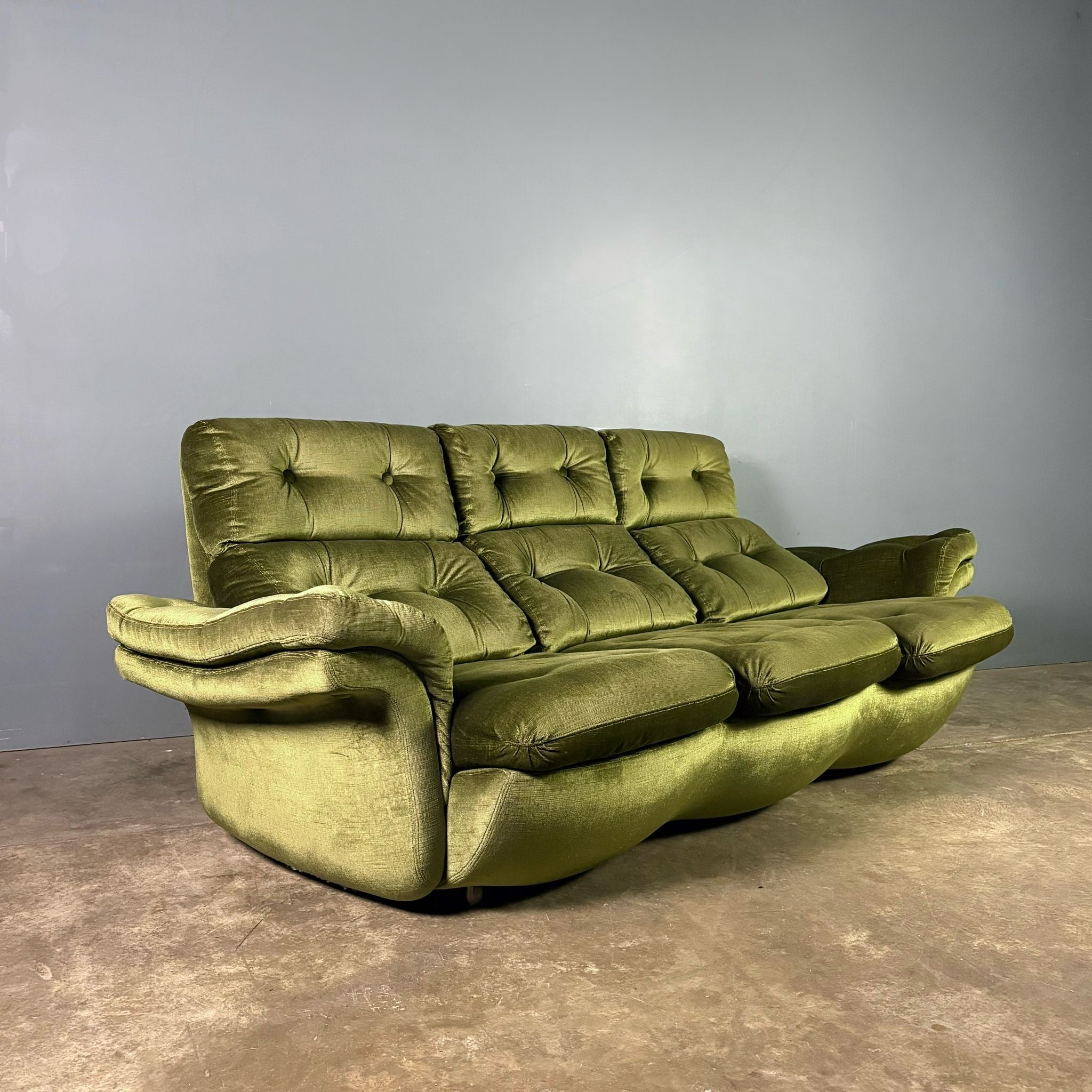 Mid Century Three Seater Sofa Green Velvet Vintage Retro MCM