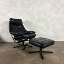 Black Leather Skoghaug Reclining Swivel Lounge Chair With Matching Footstool/Ottoman Mid Century Vintage Retro MCM
