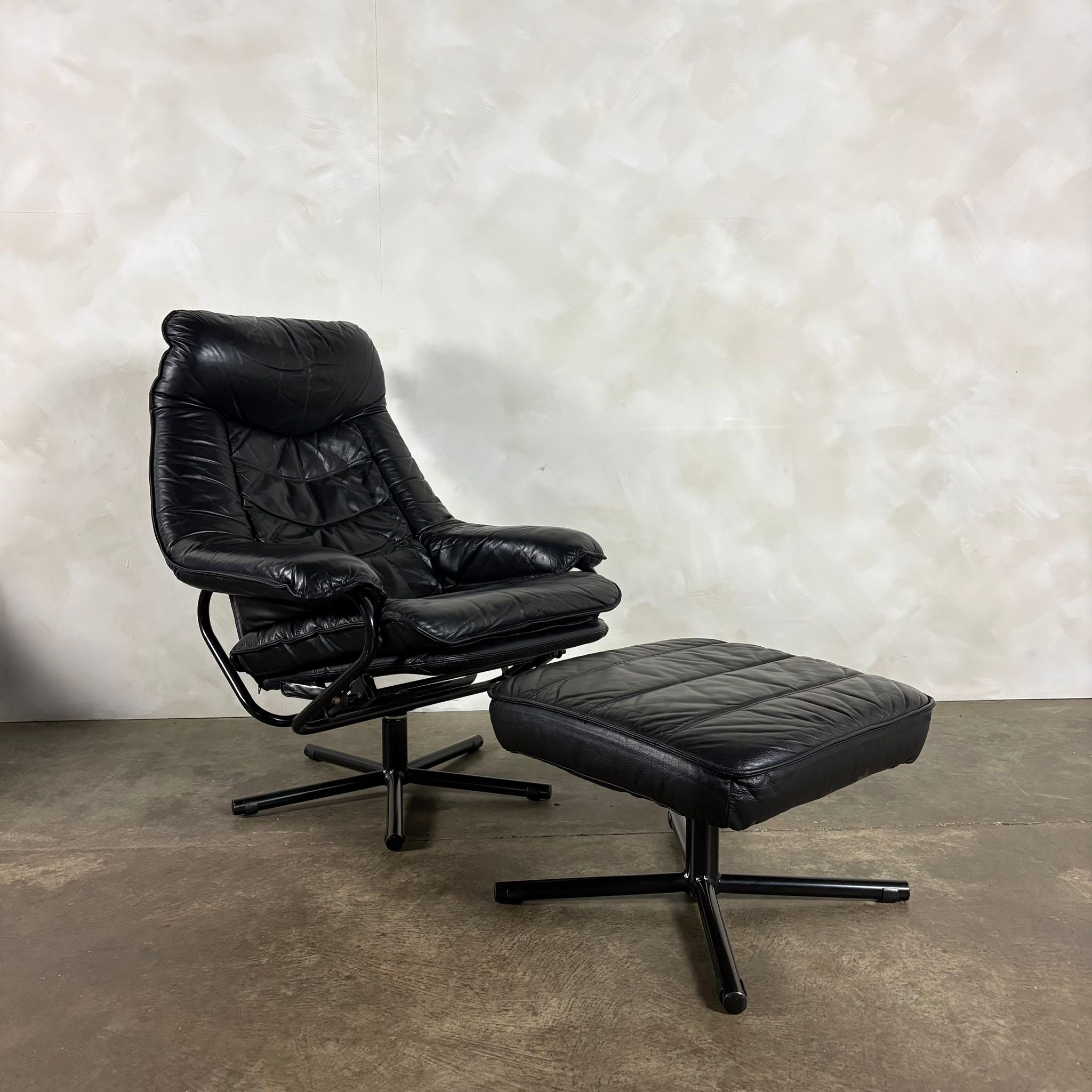 Black Leather Skoghaug Reclining Swivel Lounge Chair With Matching Footstool/Ottoman Mid Century Vintage Retro MCM