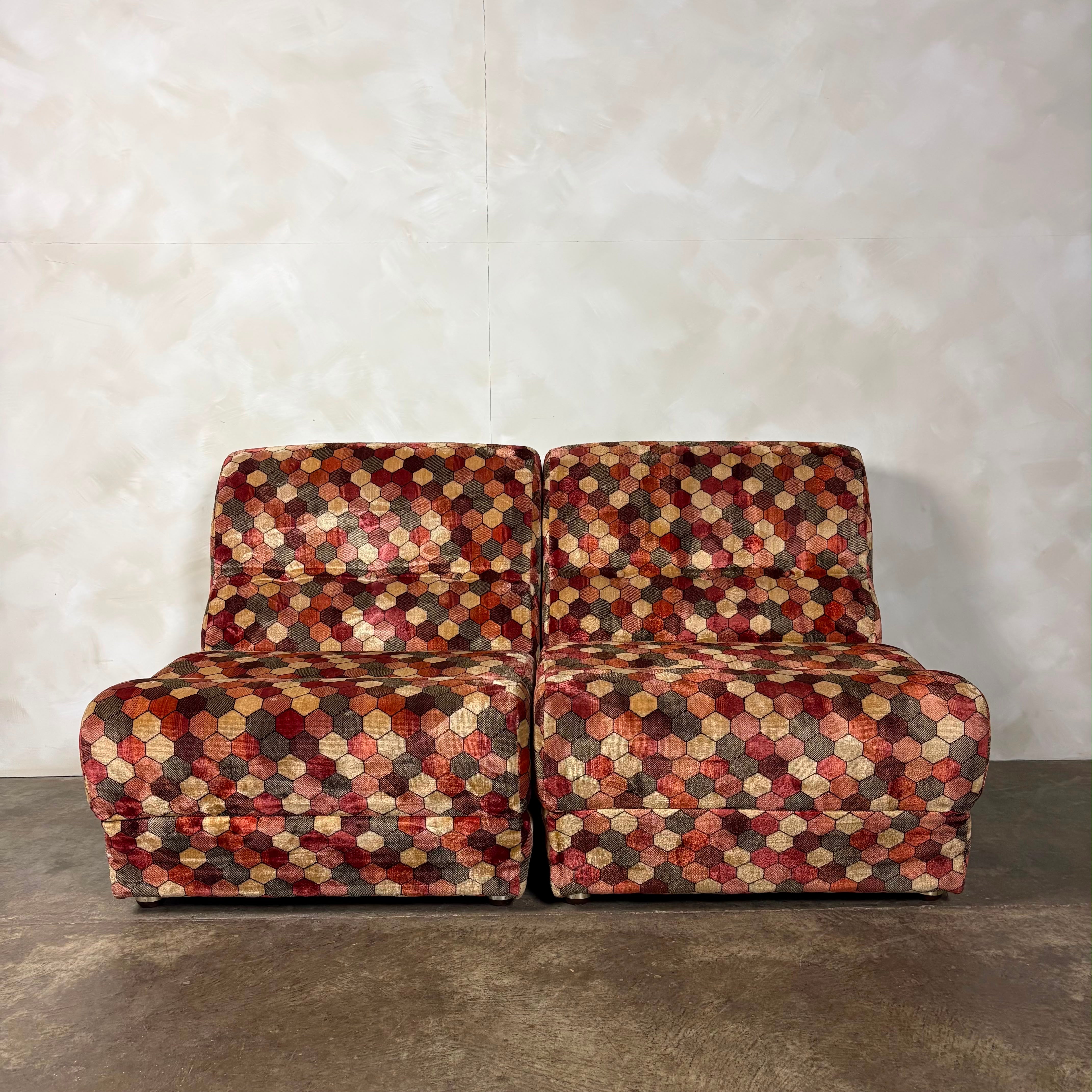 Pair Of Geometric Patterned Fold Out Lounge Chairs/Sofa Beds Rest Assured Mid Century Vintage Retro MCM