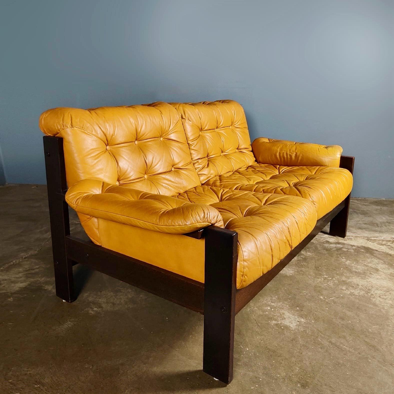 SOLD Mid Century John-Bertil Häggström Swed-Form Yellow Mustard Tan Leather Two Seater Sofa Vintage Retro MCM