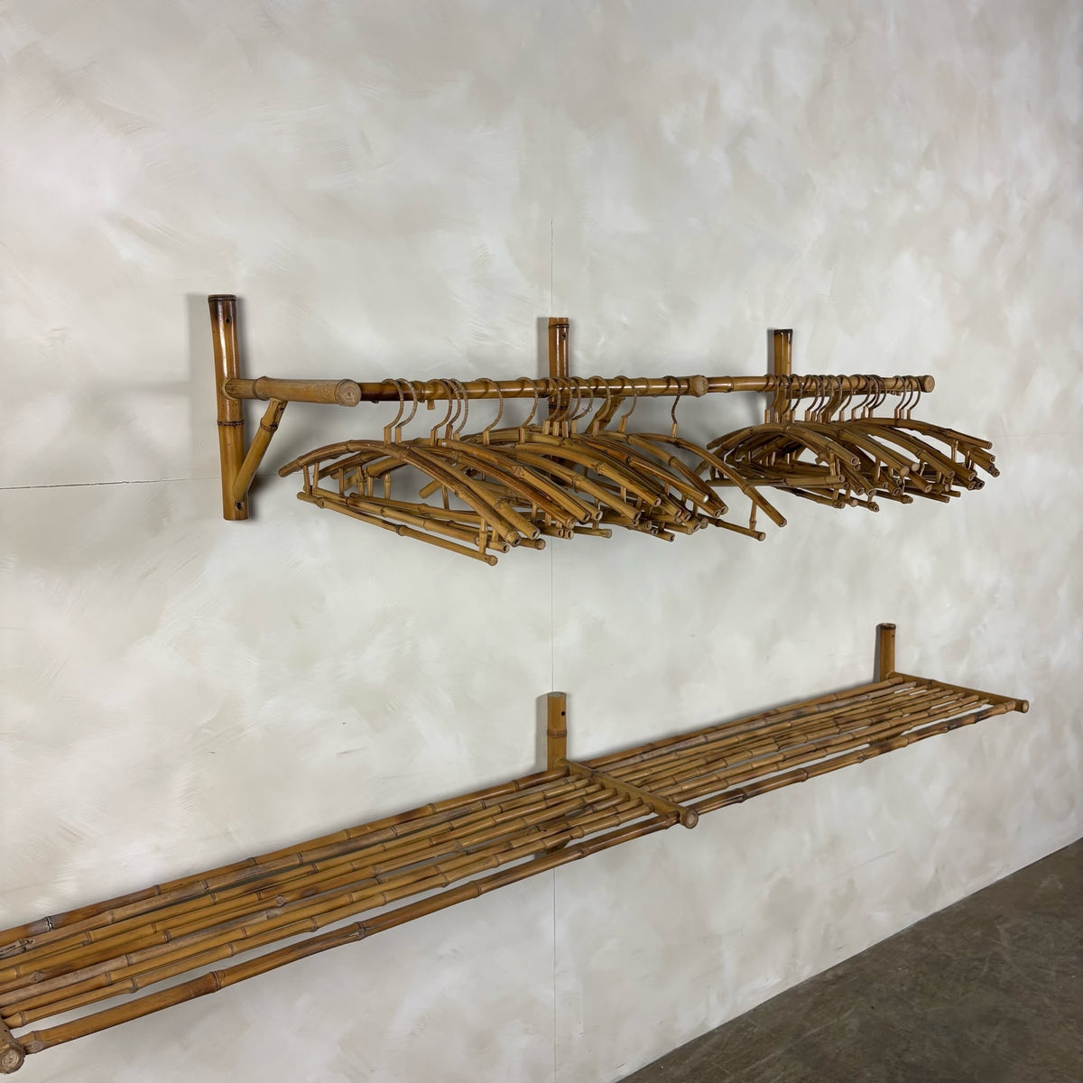Mid Century Vintage Bamboo Wall Shelf & Hanging Rail With Coat Hangers Retro MCM