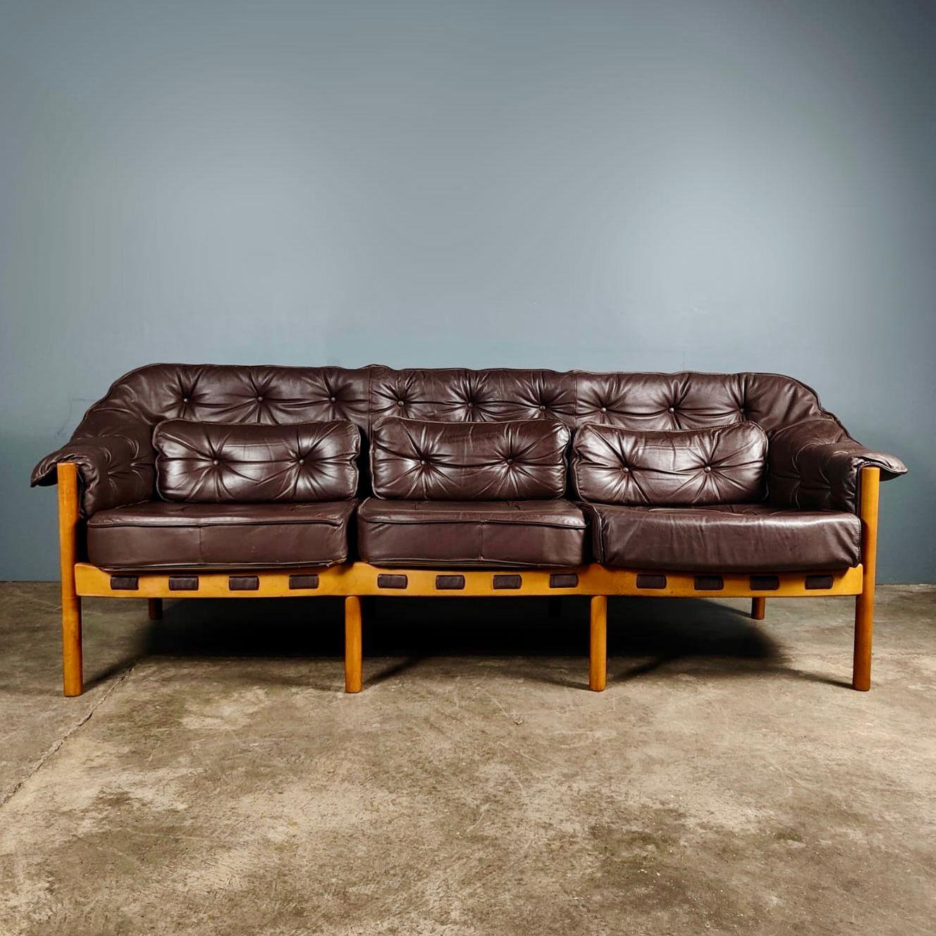 Mid Century Three Seater Sofa Arne Norell & Sven Ellekaer Coja In Brown Leather Vintage Retro MCM