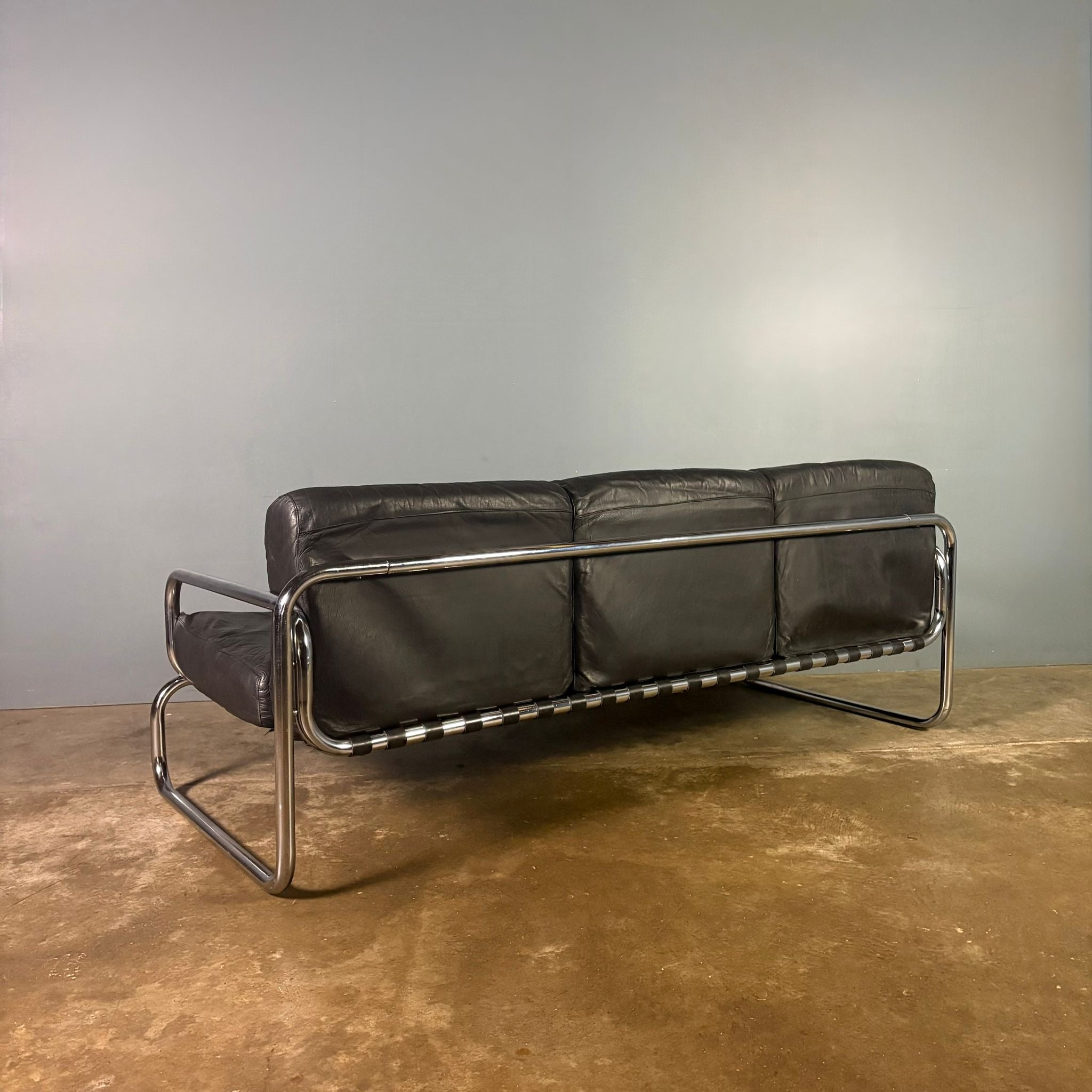 SOLD Mid Century Rodney Kinsman OMK Three Seater Sofa Black Leather Vintage Retro MCM