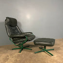 Green Leather Skoghaug Reclining Swivel Lounge Chair With Matching Footstool/Ottoman Mid Century Vintage Retro MCM