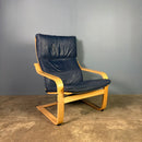 Pair Of Vintage Ikea Poäng Poem Armchairs Navy Blue Leather Mid Century Retro MCM