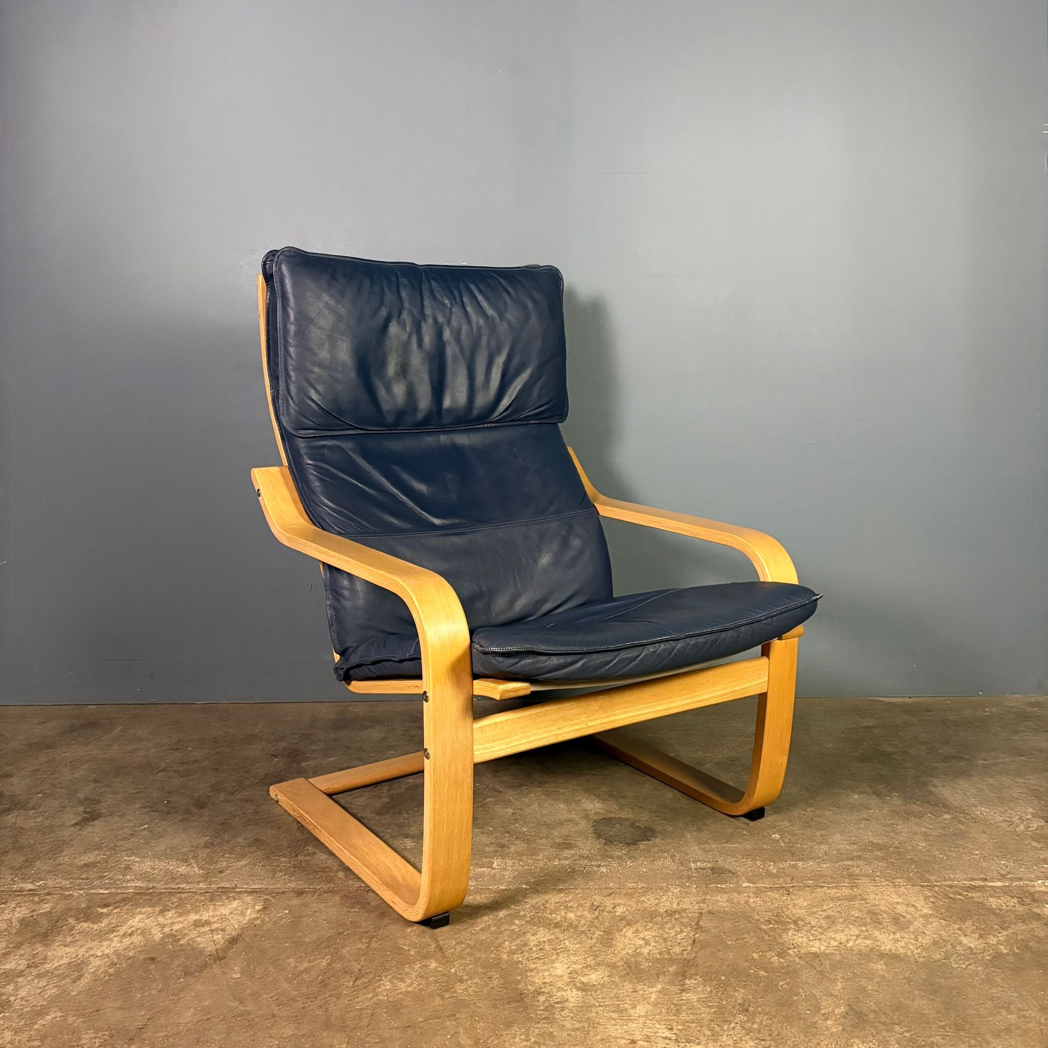 Pair Of Vintage Ikea Poäng Poem Armchairs Navy Blue Leather Mid Century Retro MCM