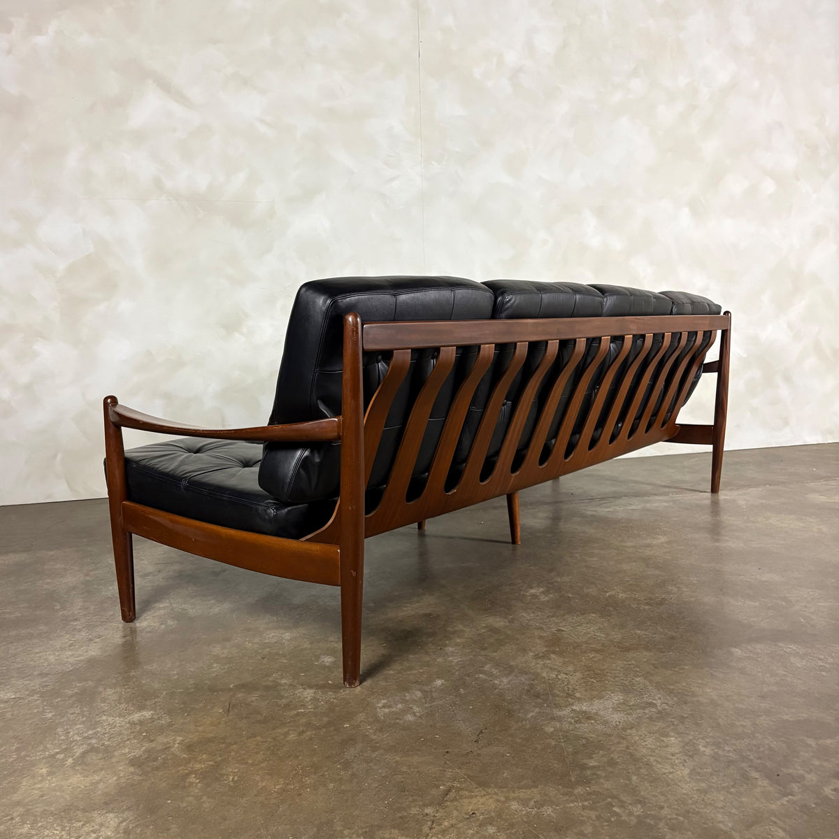 Four Seater Black Leather Teak Sofa Danish Scandinavian Mid Century Vintage Retro MCM