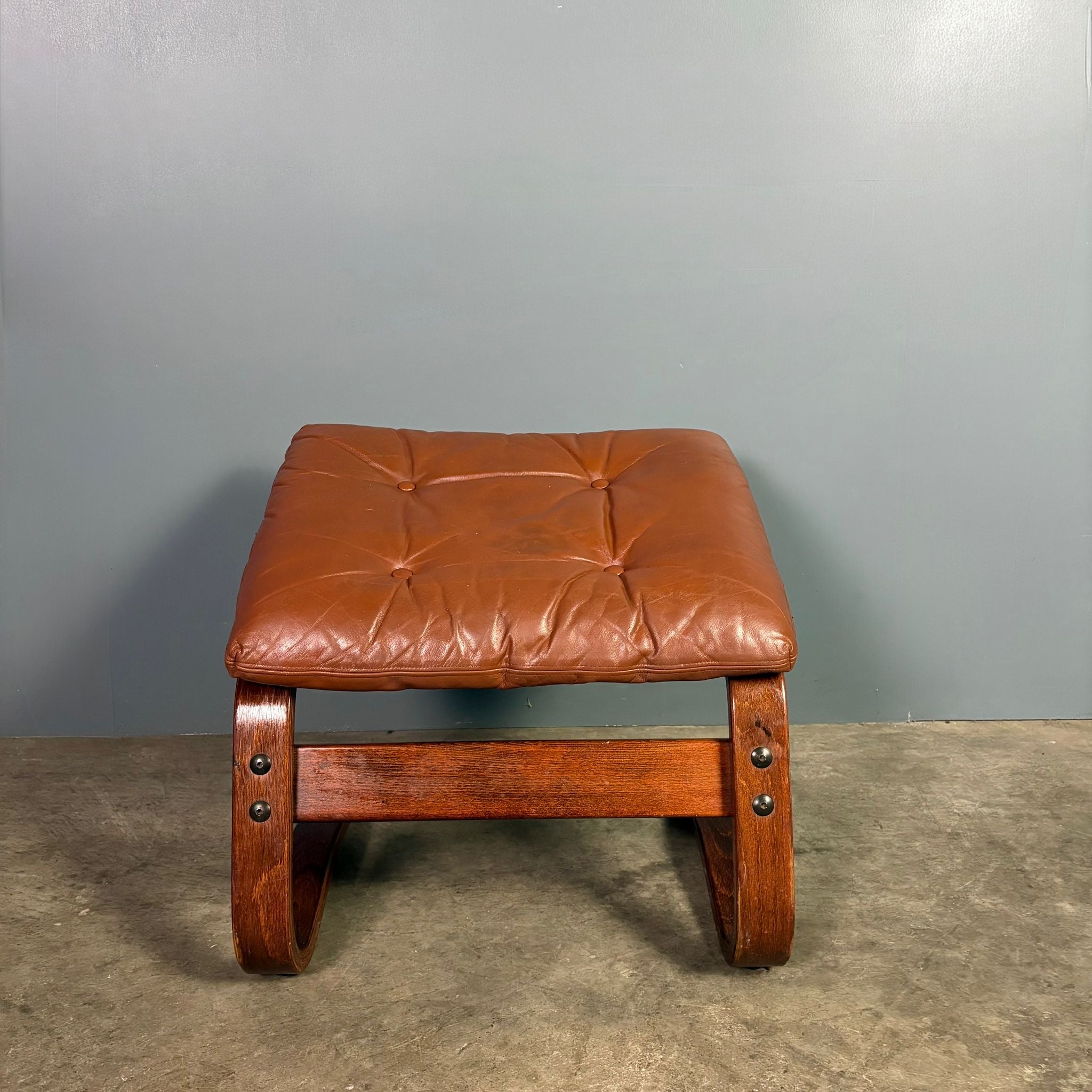 Vintage Norwegian Bentwood Tan Brown Leather Footstool/Ottoman Mid Century Retro MCM