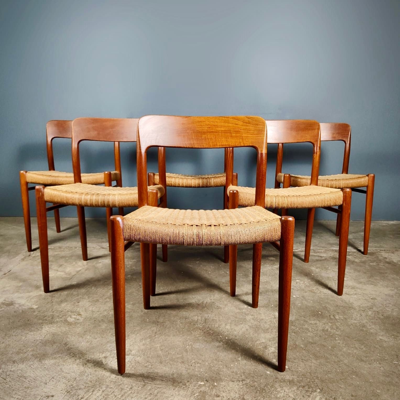 SOLD 6 x Danish Model 75 Papercord Dining Chairs By Niels Otto Møller JL Møllers Møbelfabrik Mid Century Vintage Retro MCM