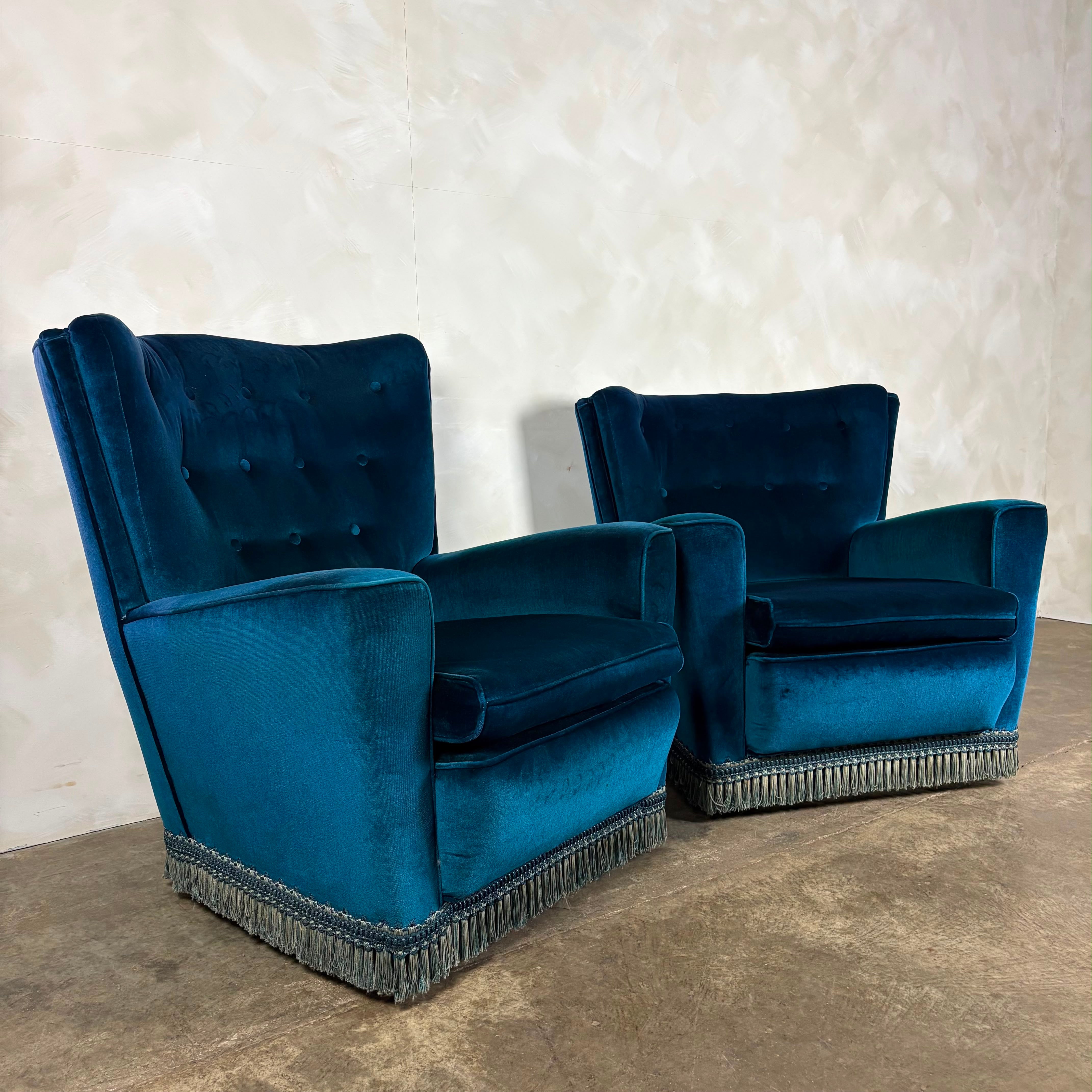 Mid Century Pair Of His & Her Blue Armchairs Vintage Retro MCM