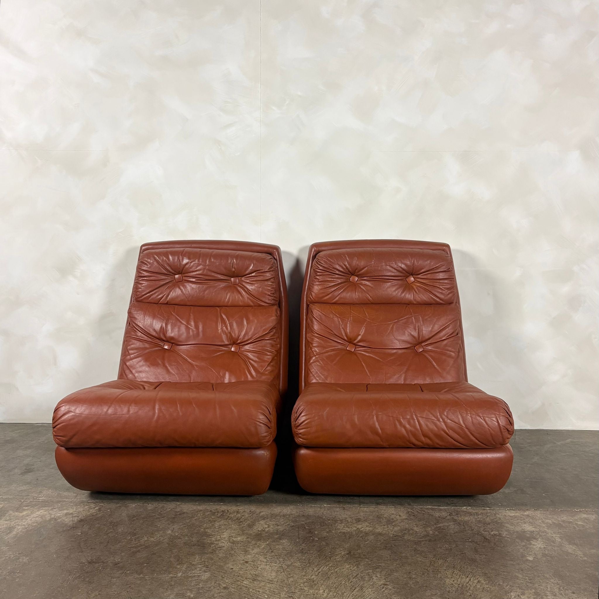 SOLD Pair Of Jean Prévost French 1970s Brown Tan Leather Lounge Chairs Mid Century Vintage Retro MCM