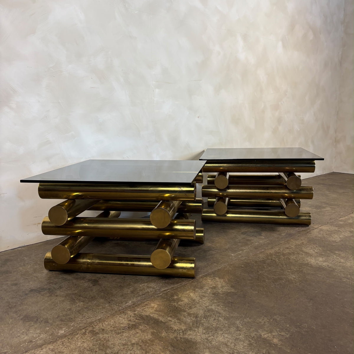 Pair Of Pieff Brass & Smoked Glass Side/Coffee Tables 1970s Mid Century Vintage Retro MCM