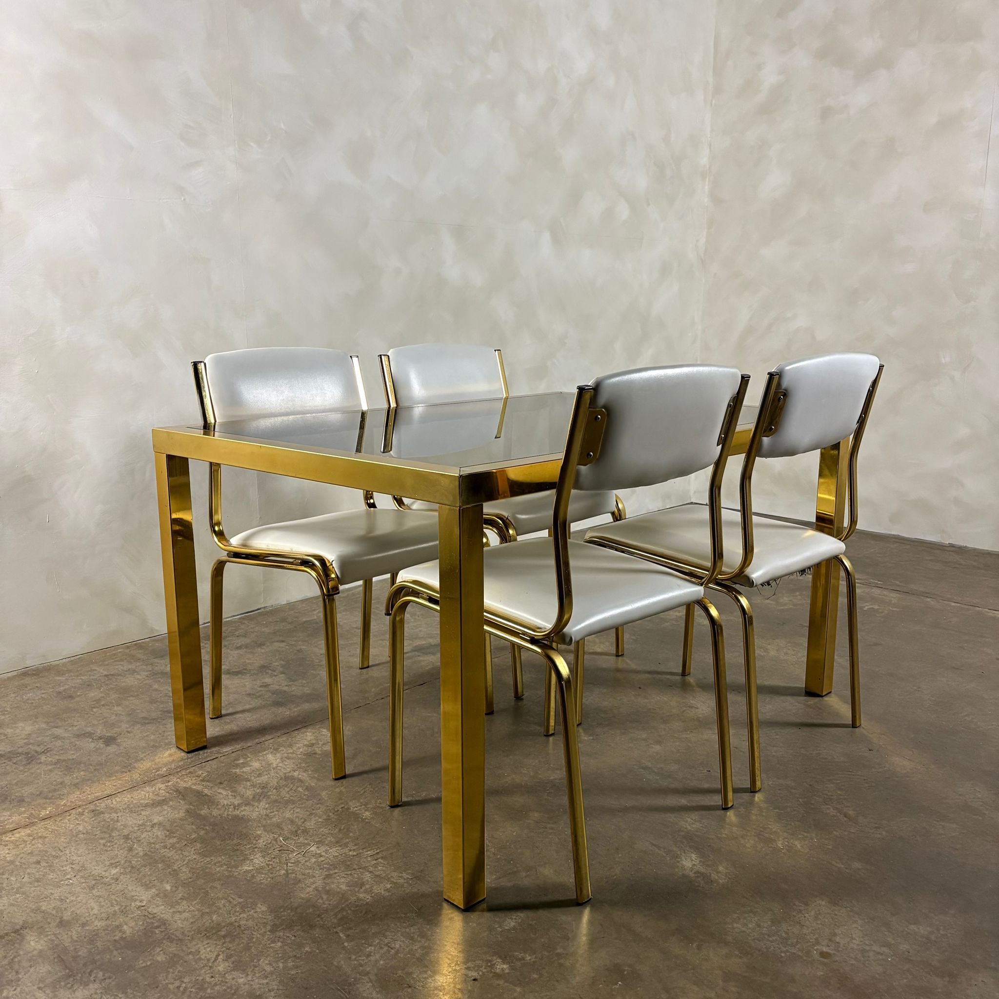 Brass & Glass Dining Table With Four Matching Brass Dining Chairs Mid Century Vintage Retro MCM